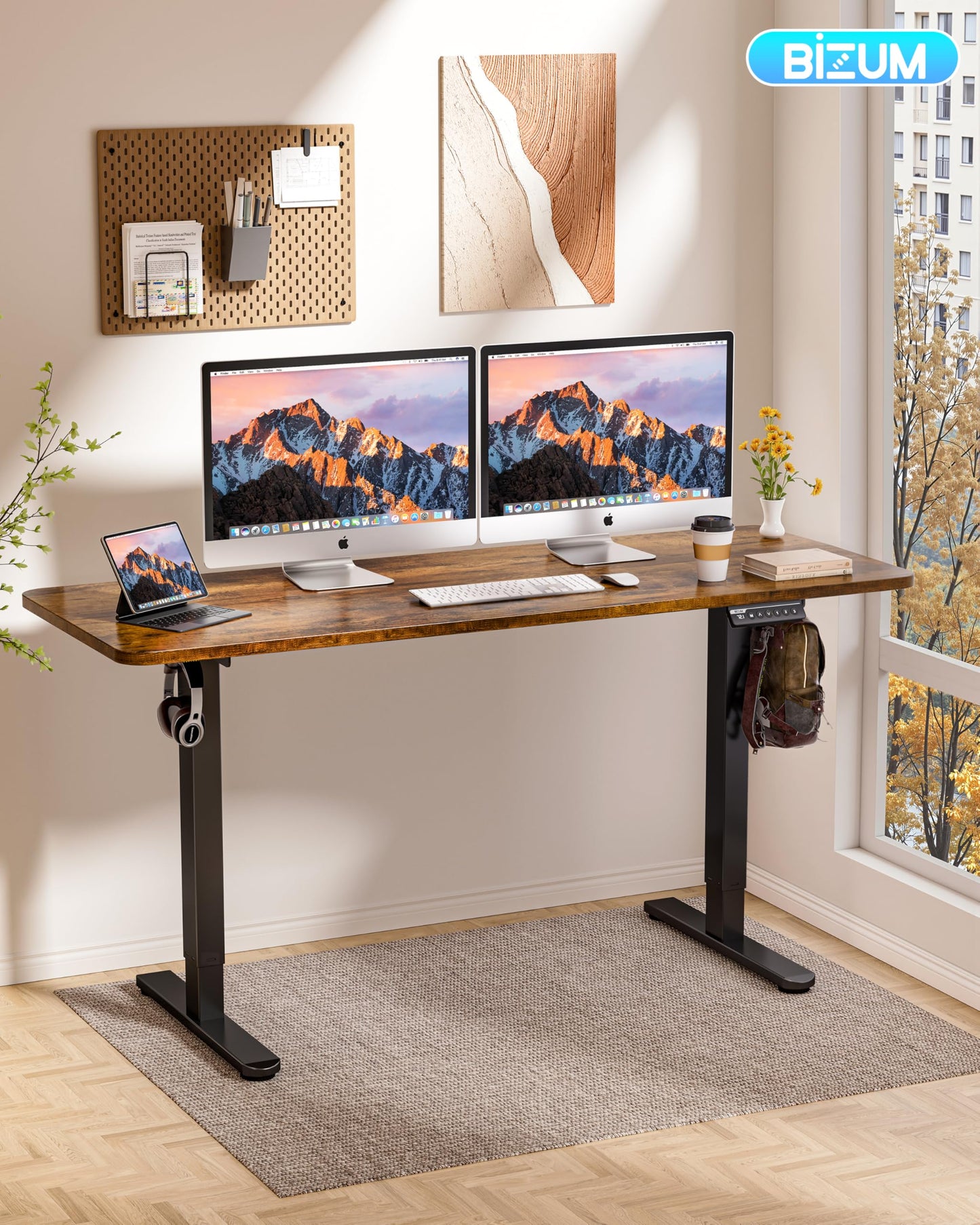 BIZUM Electric Standing Desk 60 x 24 Inch Computer Desk-Gaming Desk Rustic Brown Home Office Desks Height Adjustable Memory Stand Up Computer Workstation