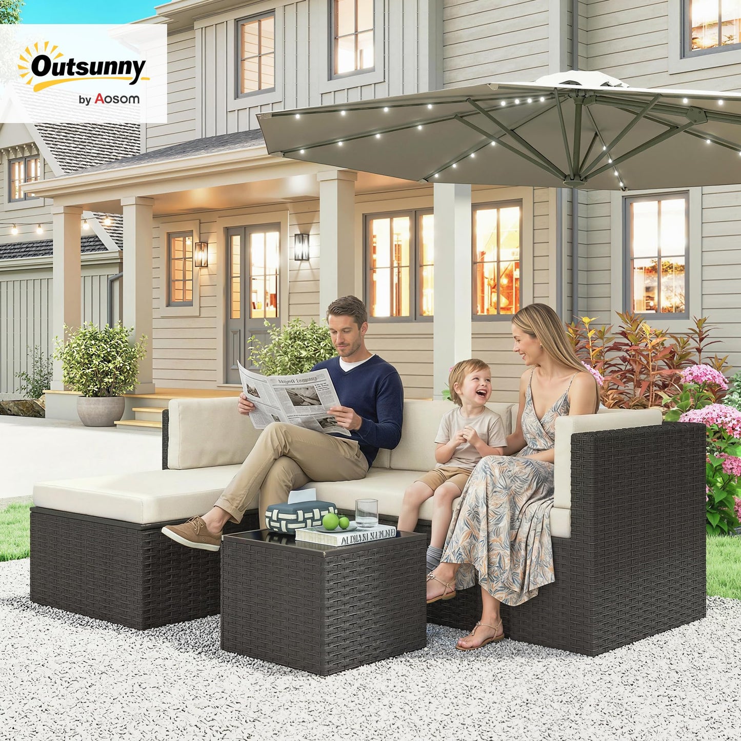 Outsunny 3 Piece Patio Furniture Set, Wicker Rattan Outdoor Patio Conversation Furniture Set with Cushions, Glass Top Coffee Table, Deep Seating for Garden, Backyard, Porch, Beige