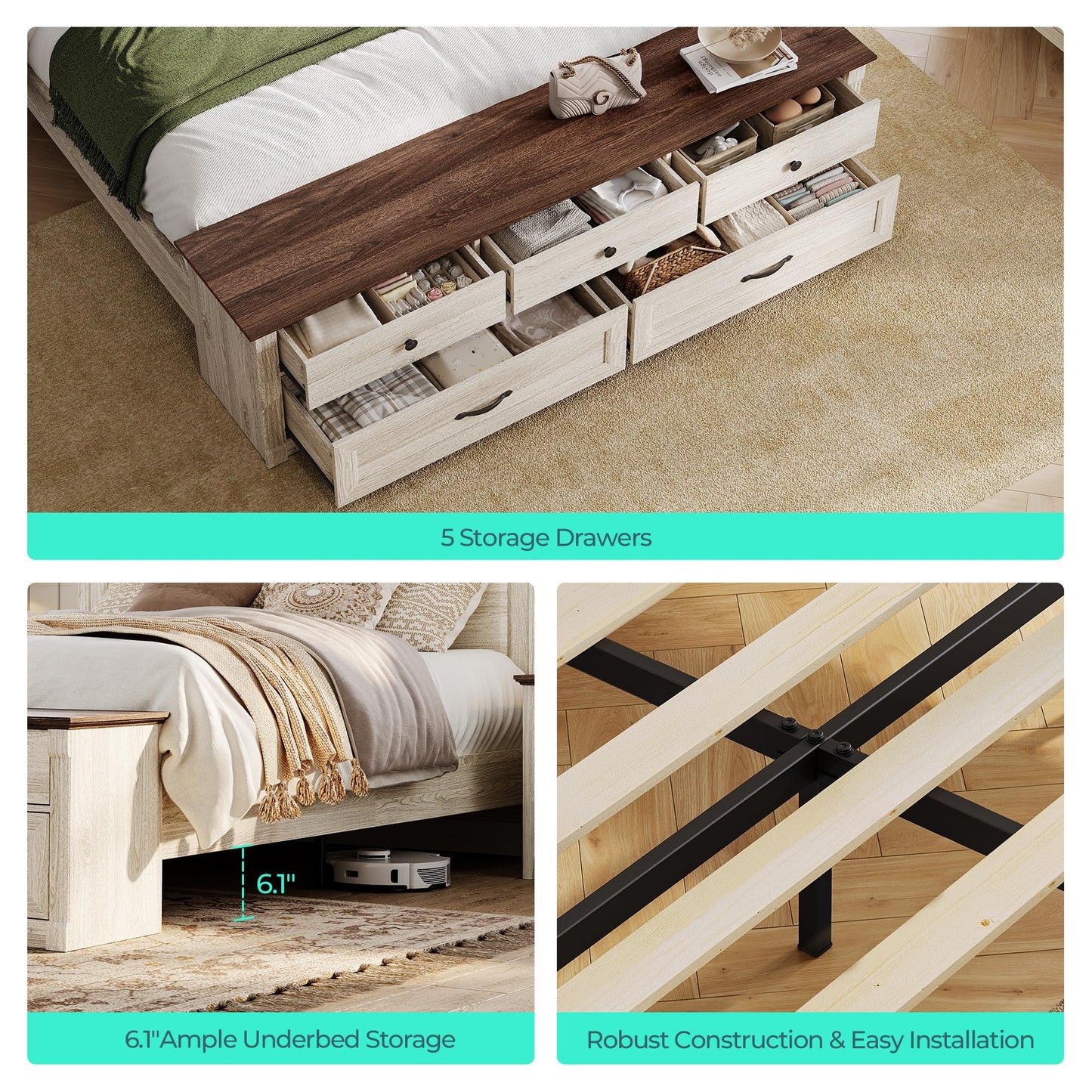 LINSY Storage Bed Frame Queen Bedframe with Drawers, Farmhouse Bed Frame Queen-Size with Headboard and Footboard Bench, Tall Bed Frames Wooden Platform Beds with Storage, No Box Spring, Antique White