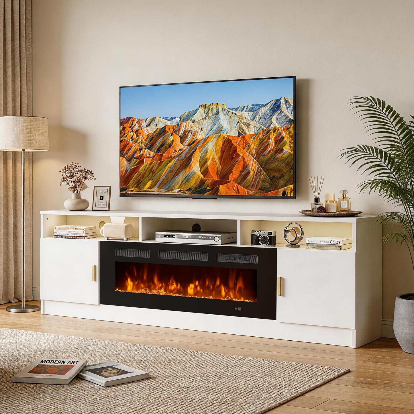 OneBlis 70" Fireplace TV Stand with Power Outlet, Electric Fireplace Entertainment Center with Storage Cabinets, Fits TVs up to 80", TV Console with LED Lights for Living Room, Office, White-Black