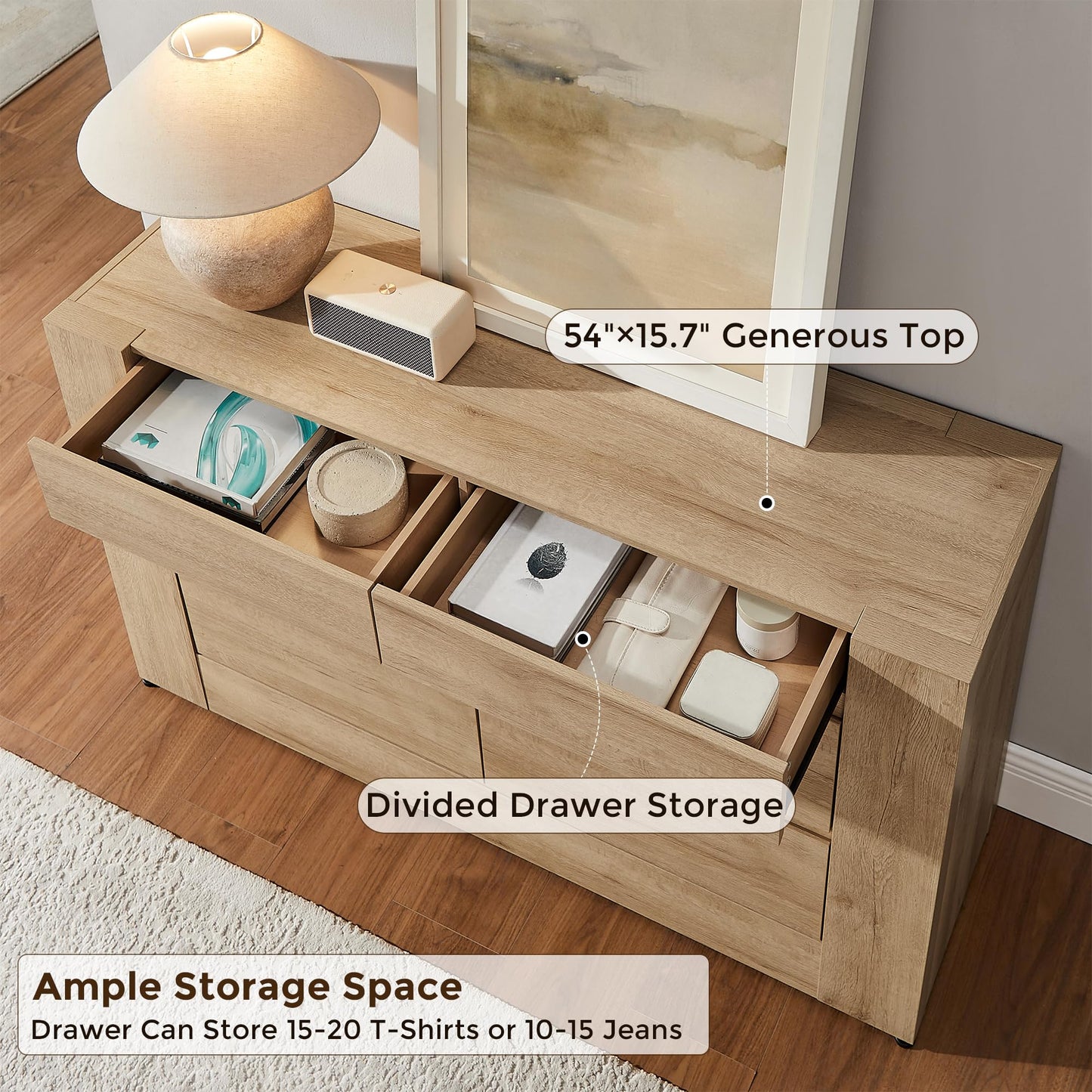OKD 6 Drawer Dresser for Bedroom, 54" Wide Chest of Drawers with Thick Wood Design, Handleless, Modern Bedroom Dresser, Storage Organizer for Living Room/Entryway/Hallway, Natural Oak