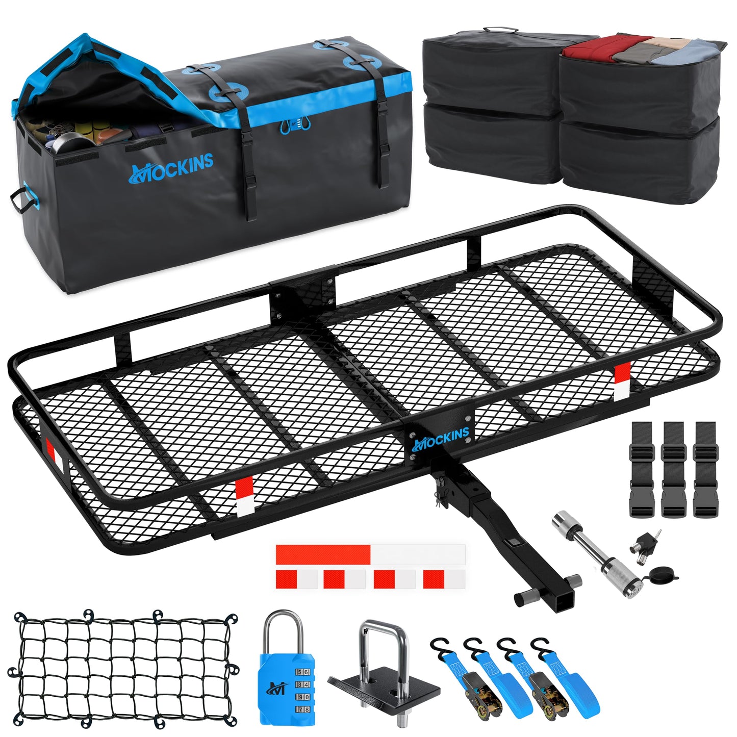 Mockins 60"x20"x6" Heavy Duty Trailer Hitch Cargo Carrier w/ 16 Cu Ft Waterproof Cargo Bag & 4 Packing Cubes | 500 Lbs. Capacity Folding Luggage Rack for SUV Car Truck & RV w/Hitch Basket Accessories