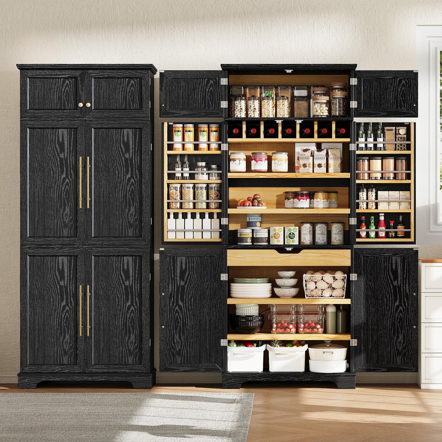 Merax 78.2" Tall Kitchen Pantry Storage Cabinet, Farmhouse Freestanding Large Cupboard with Hidden Drawer, Cabinet, 4 Adjustable Shelves, 8 Door-Shelf & 7 Wine Rack for Dining Room, Ash Black