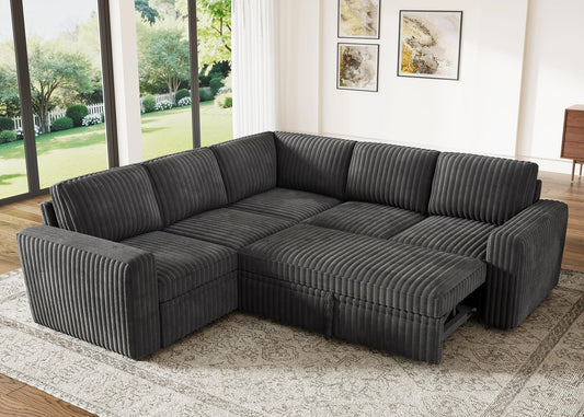 HONBAY Modular Sectional Sleeper Sofa with Pull Out Bed,Corduroy L Shaped Couch with Storage, Sectional Couches for Living Room,Dark Grey
