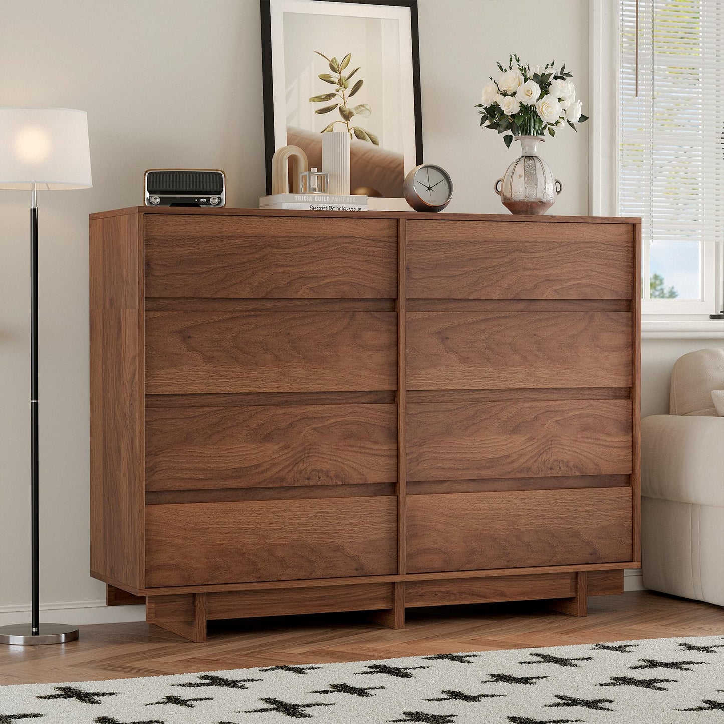 SINROM Walnut Dresser for Bedroom, 53.1" Wide 8 Drawer Dresser, Mid Century Modern Dressers Chest of Drawers, Wooden Large Dressers for Bedroom, Closet