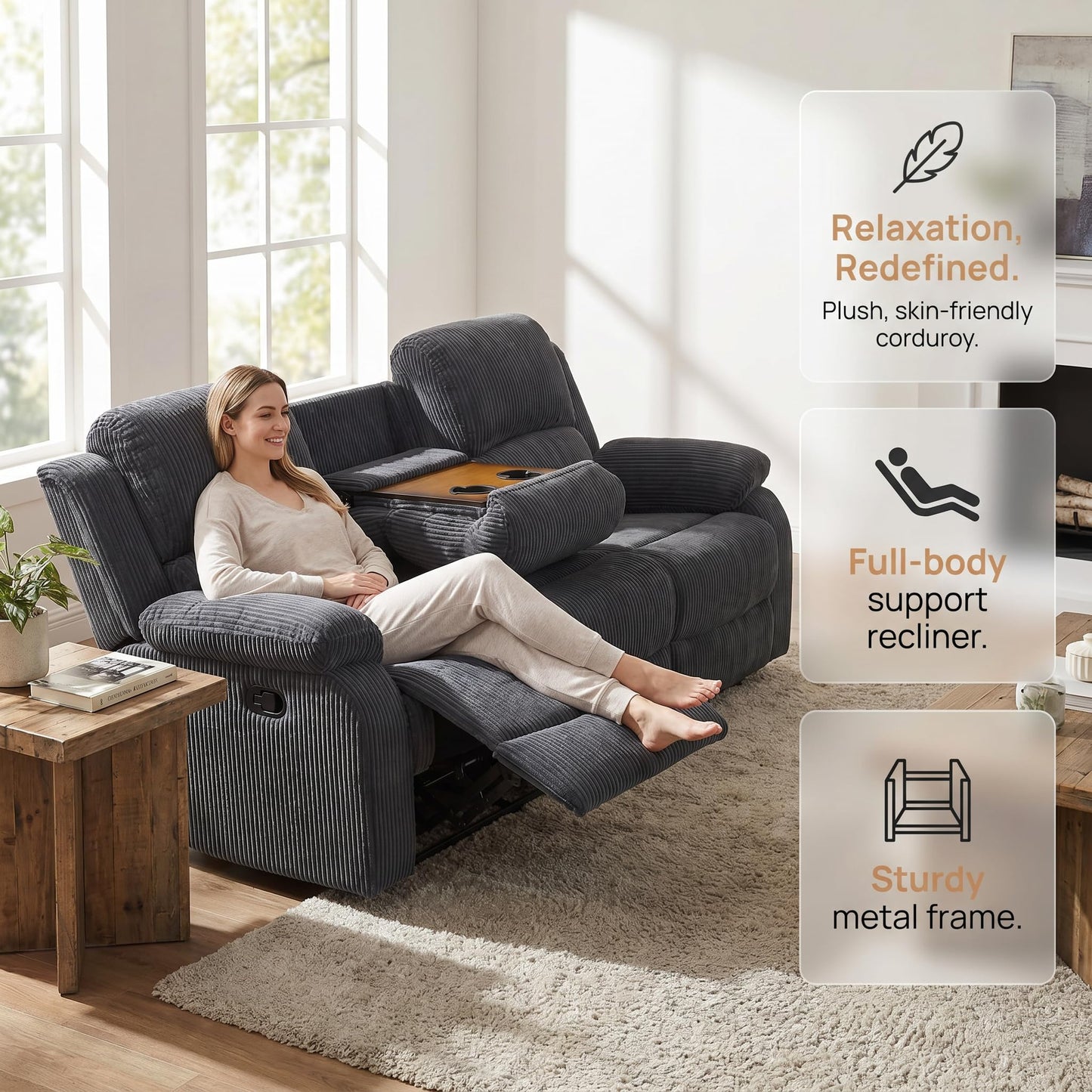 Trygoal Corduroy Power Recliner Sofa Set, Corduroy Recliner Couch Sets with Multi Angle Reclining, 3 Piece Sectional Sofa with USB Charging Port for Home Theater, Living Room, Office, Dark Gray