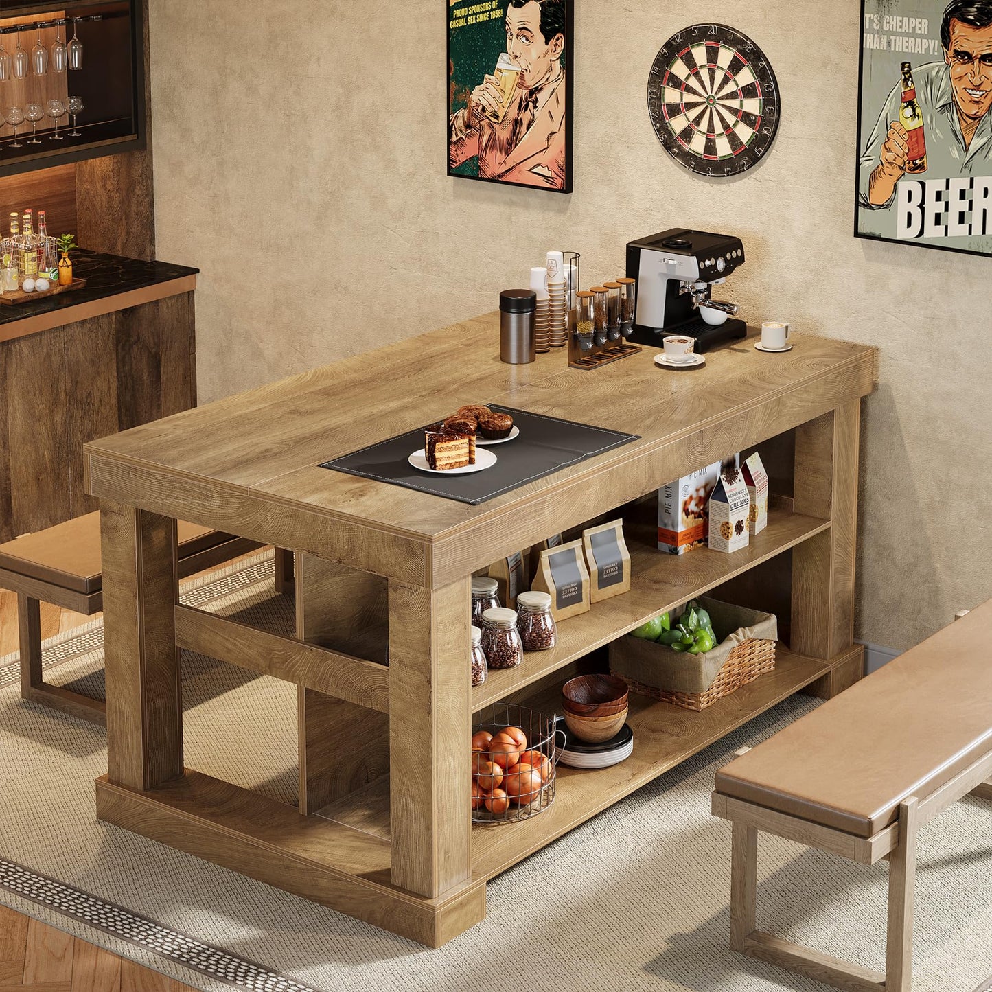 Tribesigns 55" Kitchen Island with Seating and Storage, 3-Tier Farmhouse Wood Stationary Island Table with Large Worktop & Leg Room, Coffee Bar Table with Storage Shelves for Kitchen, Natural Brown