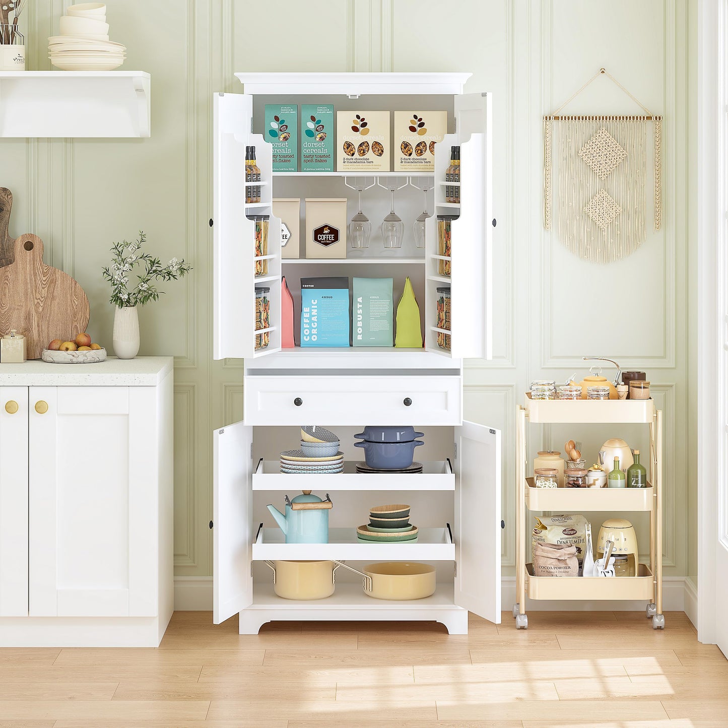 Spirich 71'' Tall Kitchen Pantry Cabinet, Wood Food Pantry Cabinet with Drawers and Wine Glass Rack, Freestanding Storage Cabinet for Kitchen, Living Room, Dining Room, White