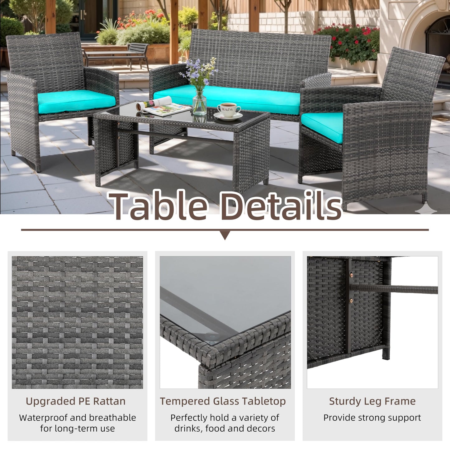 4 Piece Patio Ratten Set Outdoor Furniture Set Wicker Conversation Sets with Cushions and Tempered Glass Tabletop,Blue