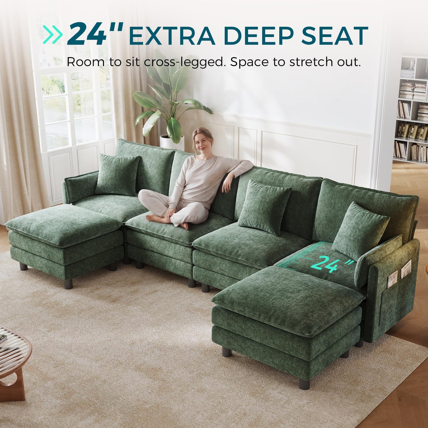 LINSY HOME 129'' Modular Sectional Sofa 4 Seat Couch Chenille Cloud Couch with Deep Seat, U Shaped Couch with 2 Movable Ottoman for Living Room, Office, Bedroom, Green(Pillows Included)