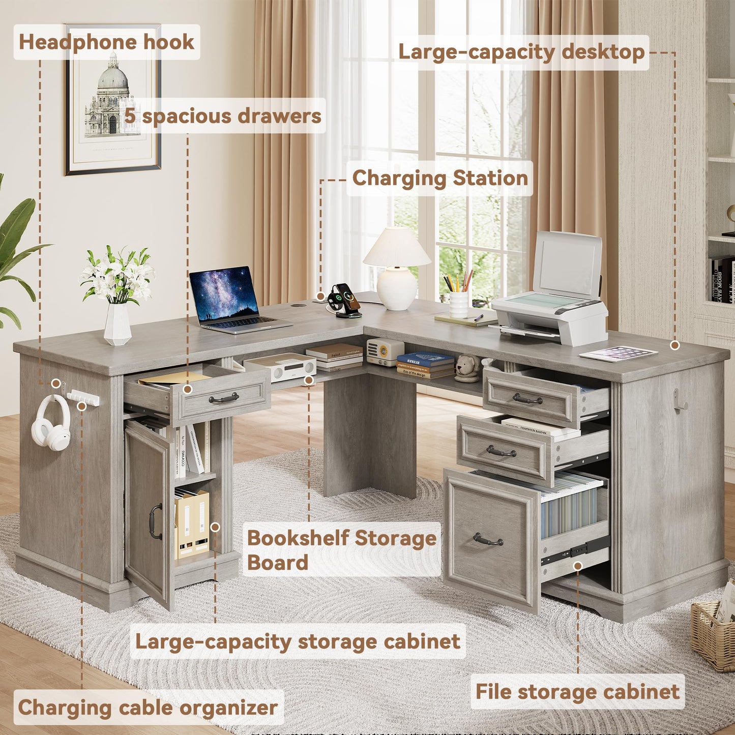 Farmhouse L Shaped Executive Desk with 4 Drawers, Home Office Desk with Hidden Under-Desk Storage Shelf and Charging Station, File Cabinet Storage, Wood Corner Computer Desk for Work and Study(Grey)