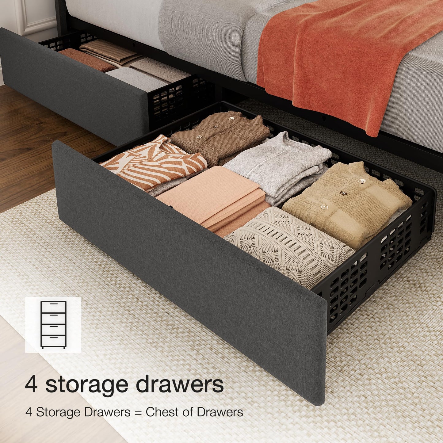 Garvee King Size Bed Frame, Linen Upholstered Platform Bed Frame with 4 Storage Drawers, Adjustable Height Headboard, No Box Spring Needed, Easy Assembly, Grey