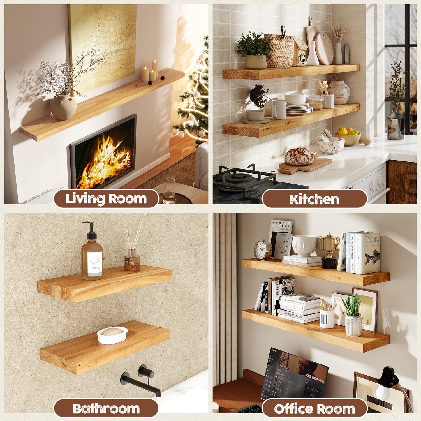 fuqing Floating Shelves for Wall, 72 inch Rustic Solid Elm Wood Floating Shelves, Wooden Wall Shelves with Invisible Heavy Duty Brackets for Living Room, Bedroom, Kitchen, Bathroom, 1 Pack, Natural