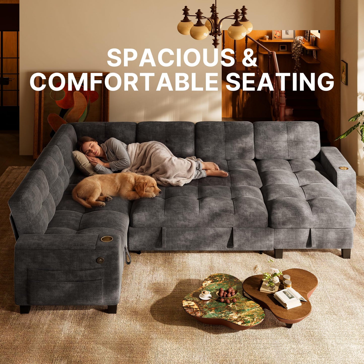 Marsail 110" Sectional Sleeper Sofa with Pull Out Bed, 7 Seat Modular Sectional Couch with Storage, USB & Cup Holders, Modern Chenille Cloud Sofa for Living Room, Light Gray