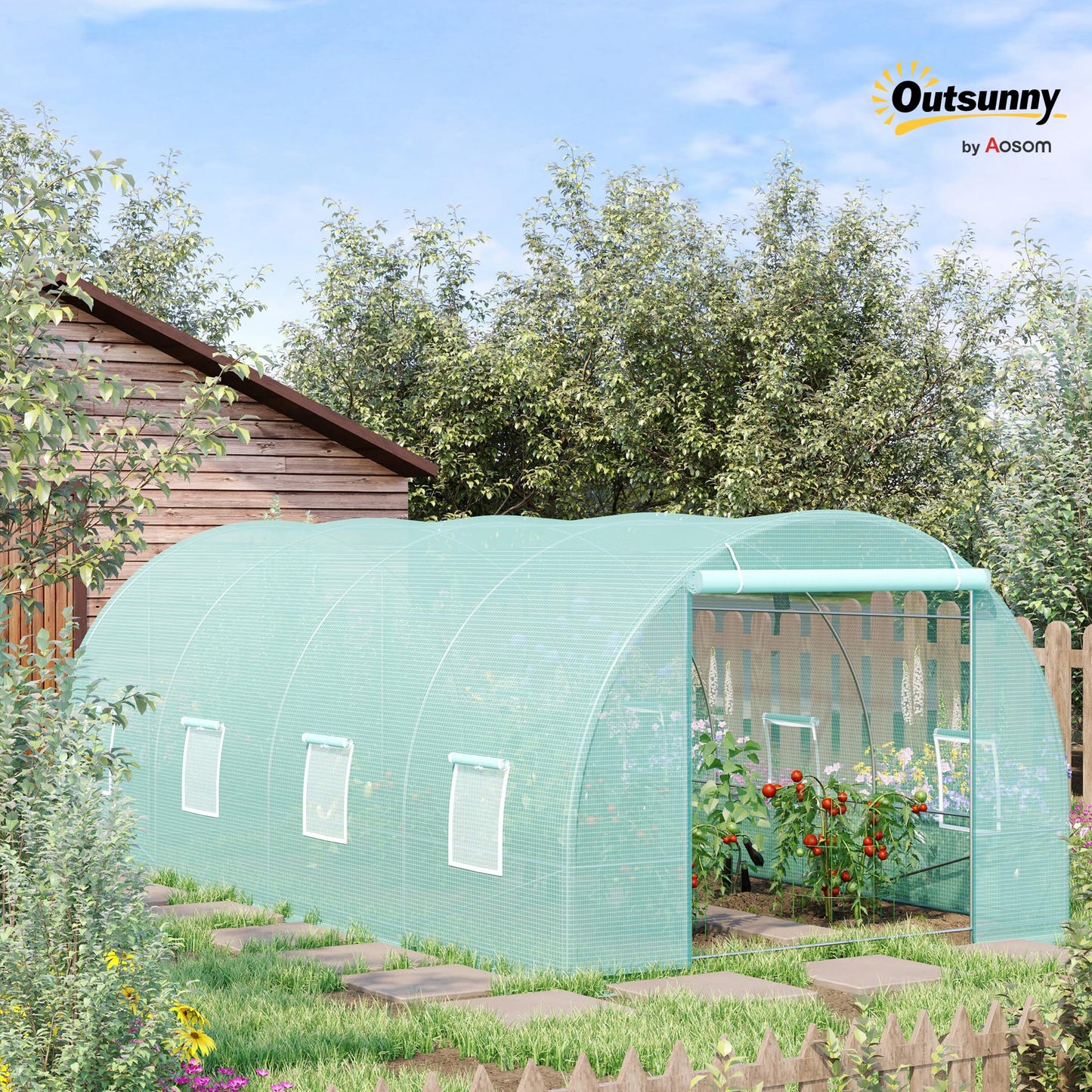 Outsunny 20' x 10' x 7' Walk-in Tunnel Greenhouse with Zippered Door & 8 Mesh Windows, Large Garden Green House Kit, Galvanized Steel Frame, Green