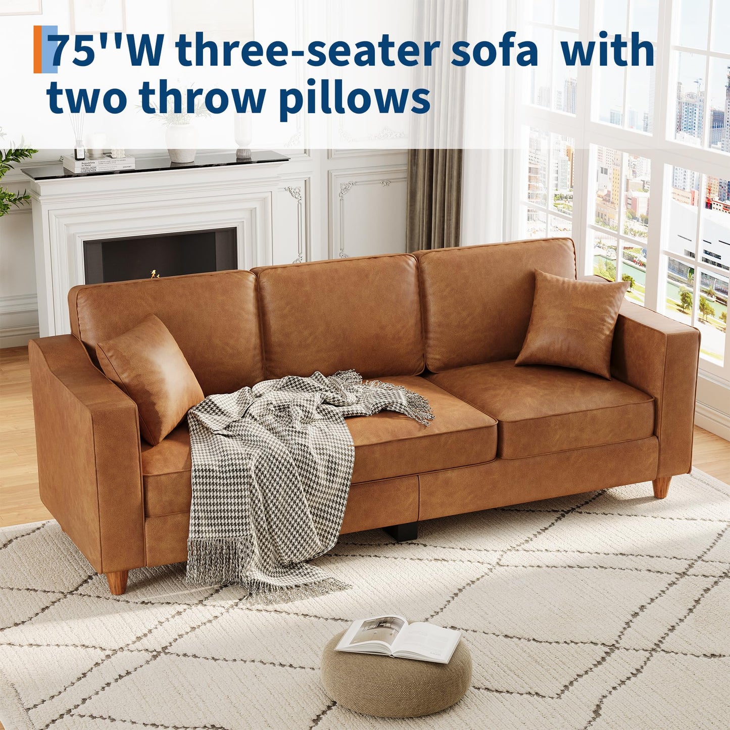 Faux Leather Couch with 2 Throw Pillows, Sofa Couches for Living Room, 3 Seater Sofa with Wide Armrests, Wood Legs, Deep Seats, Back Cushion, Sturdy Support Feet, for Office, Living Room, Brown