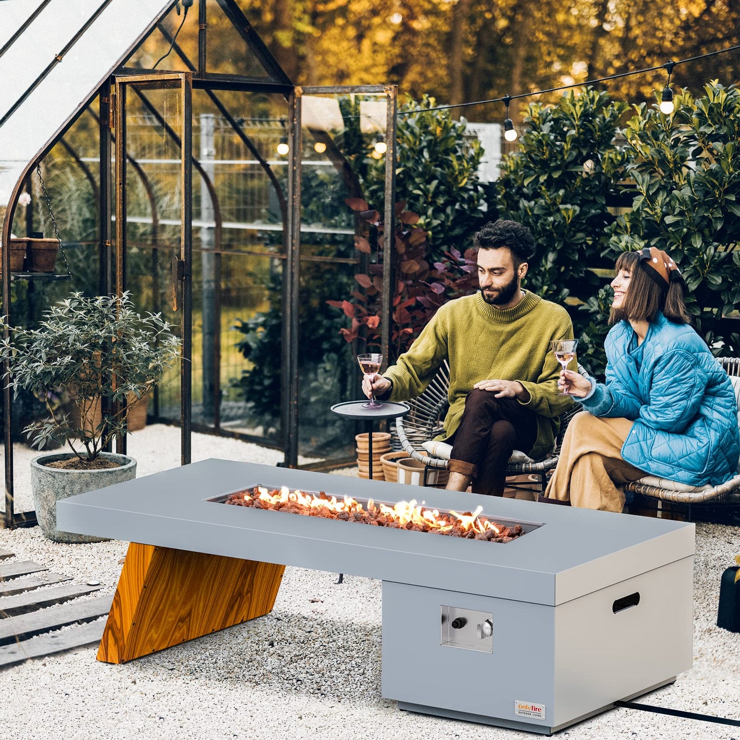 ONLYFIRE OUTDOOR LIVING Premium 60” Gas Fire Pit Table with Unique Wooden-Visual Leg, Large Propane Fire Table with Lava Rocks, Smokeless Fireplace 60,000BTU for Backyard Patio Villa Bonfire, FP015