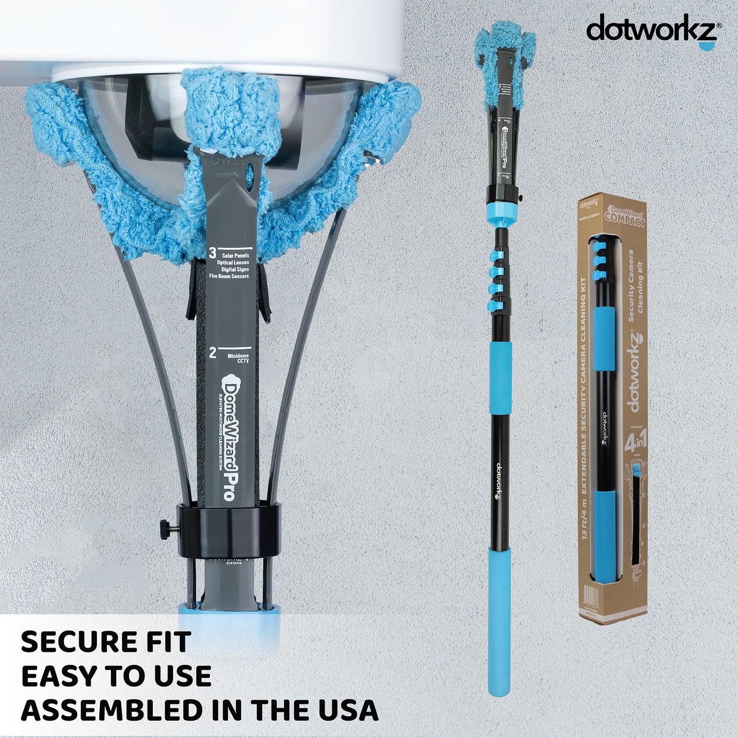 DomeWizard™ Compact Security Camera Cleaning Kit with Pole – Streak-Free Lens Cleaner for Dome, PTZ, Mini Dome & Bullet Cameras – Reusable Microfiber Mitt + 8oz Cleaning Solution