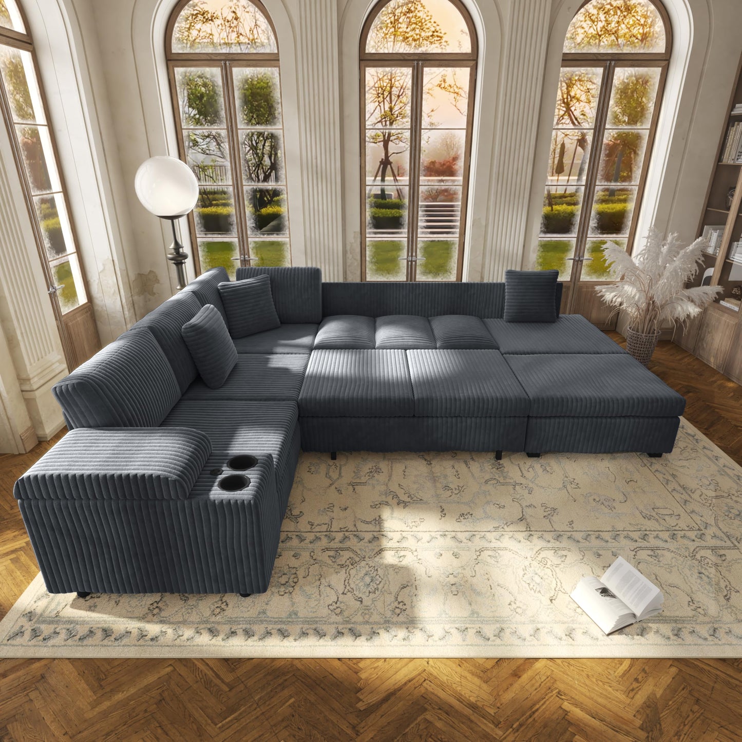 KEIKI 110" L-Shaped Oversized Plush Corduroy Modular Sectional Sofa with Pull-Out Bed, Convertible 6-Seater Sleeper Couch Bed with 1 Ottomans & USB & Cup Holders, Easy Assembly, for Living Room, Gray