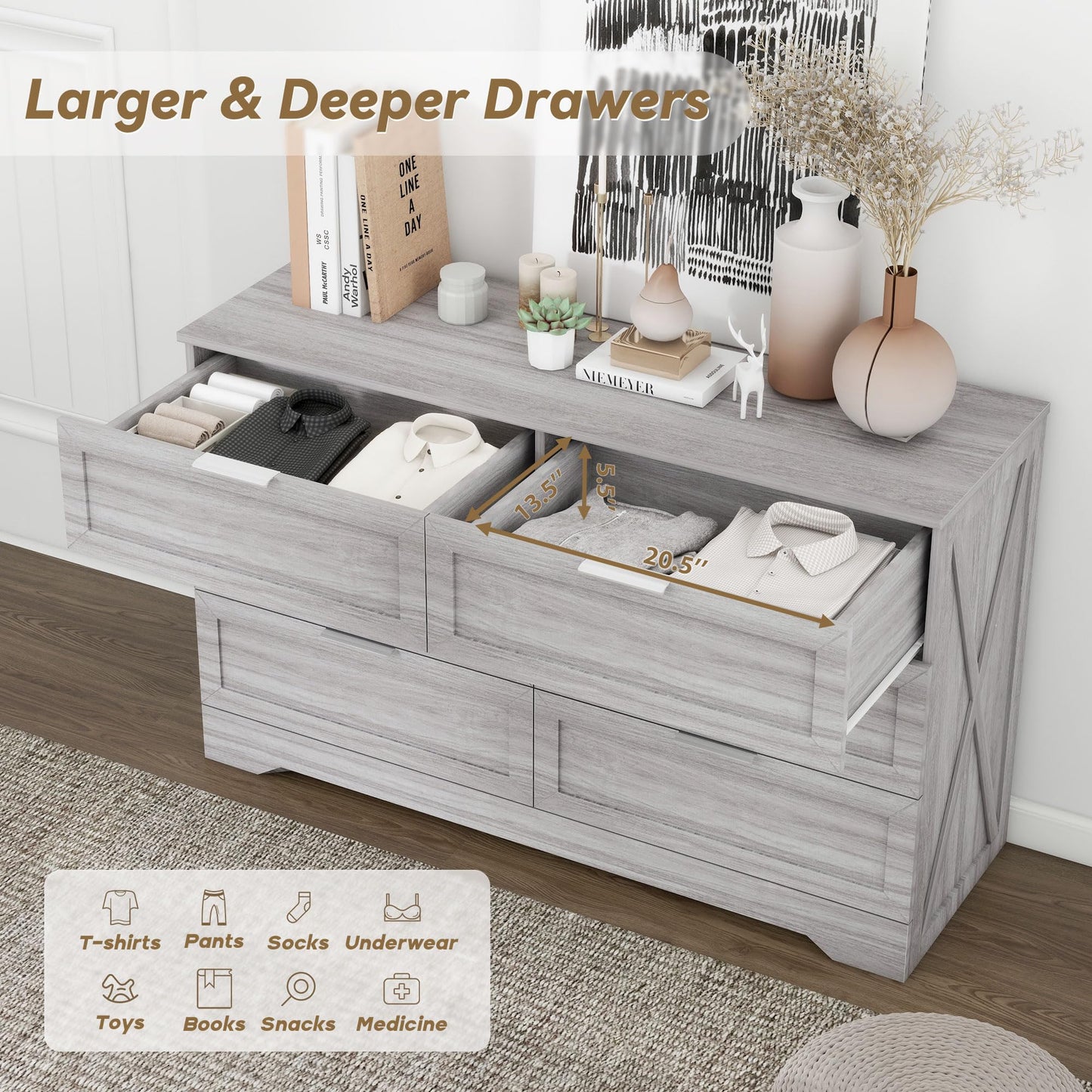 FTZxHKLX Modern 6-Drawer Dresser for Bedroom, Dresser Chest of Drawer with Large Drawers & Silver Handles, Wooden Dressers Drawers Storage Unit for Bedroom, Living Room, Closet (Wash Grey)