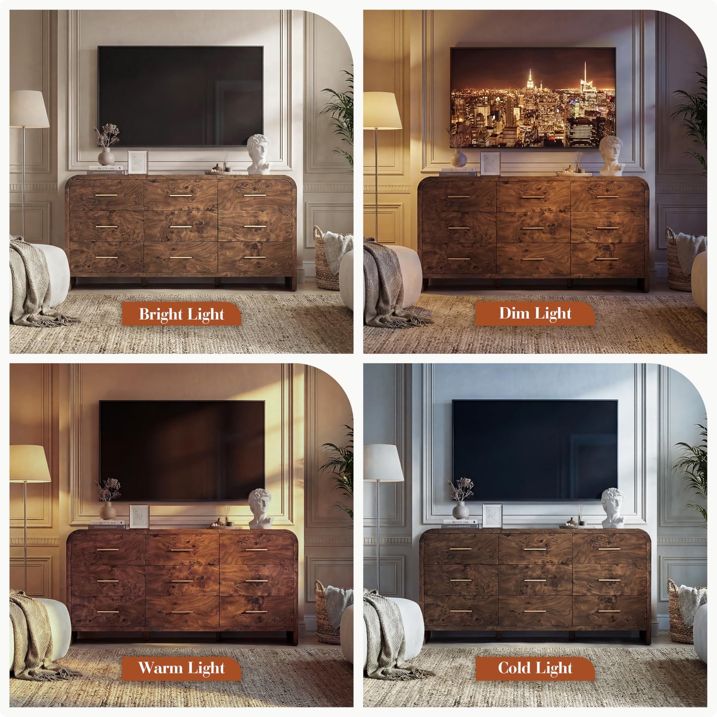 EliteSet Curved 9-Drawer Dresser for Bedroom, 63" Wide Modern Chest of Drawers, Vanity Desk TV Stand for Living Room, Closet Storage Drawers Organizer Furniture, Nursery, Hallway, Dark Burl