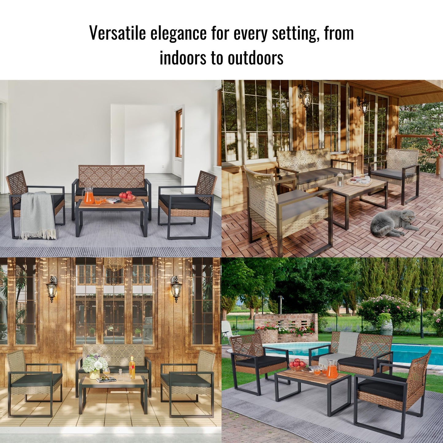 KEIKI 4PC Outdoor Patio Wicker Furniture Chat Conversation Set with Acacia Wood Table Top Backyard Porch Balcony