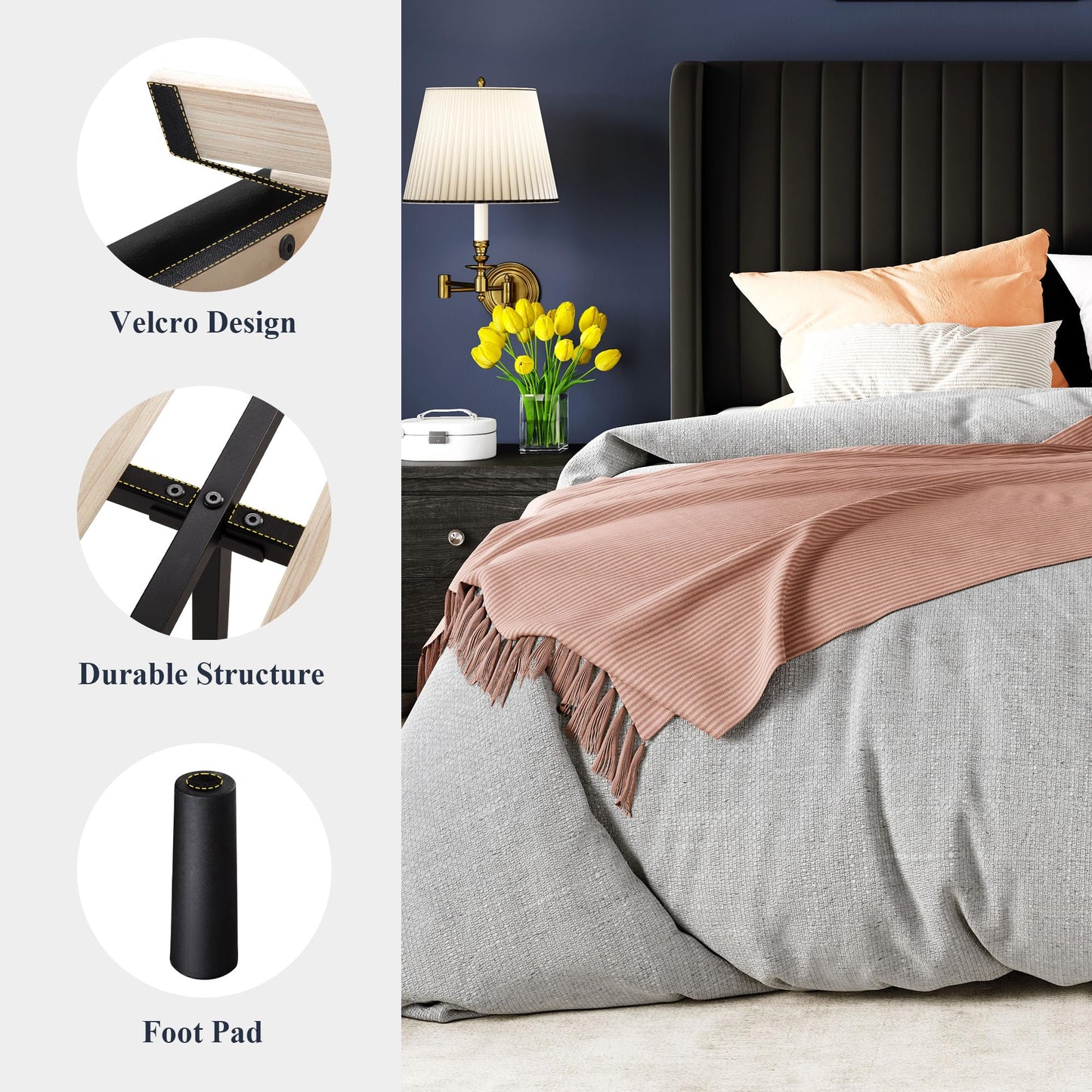 Allewie King Size Velvet Bed Frame/Vertical Channel Tufted Wingback Headboard/Upholstered Platform Bed/Strong Wooden Slats/No Box Spring Needed/Easy Assembly/Black