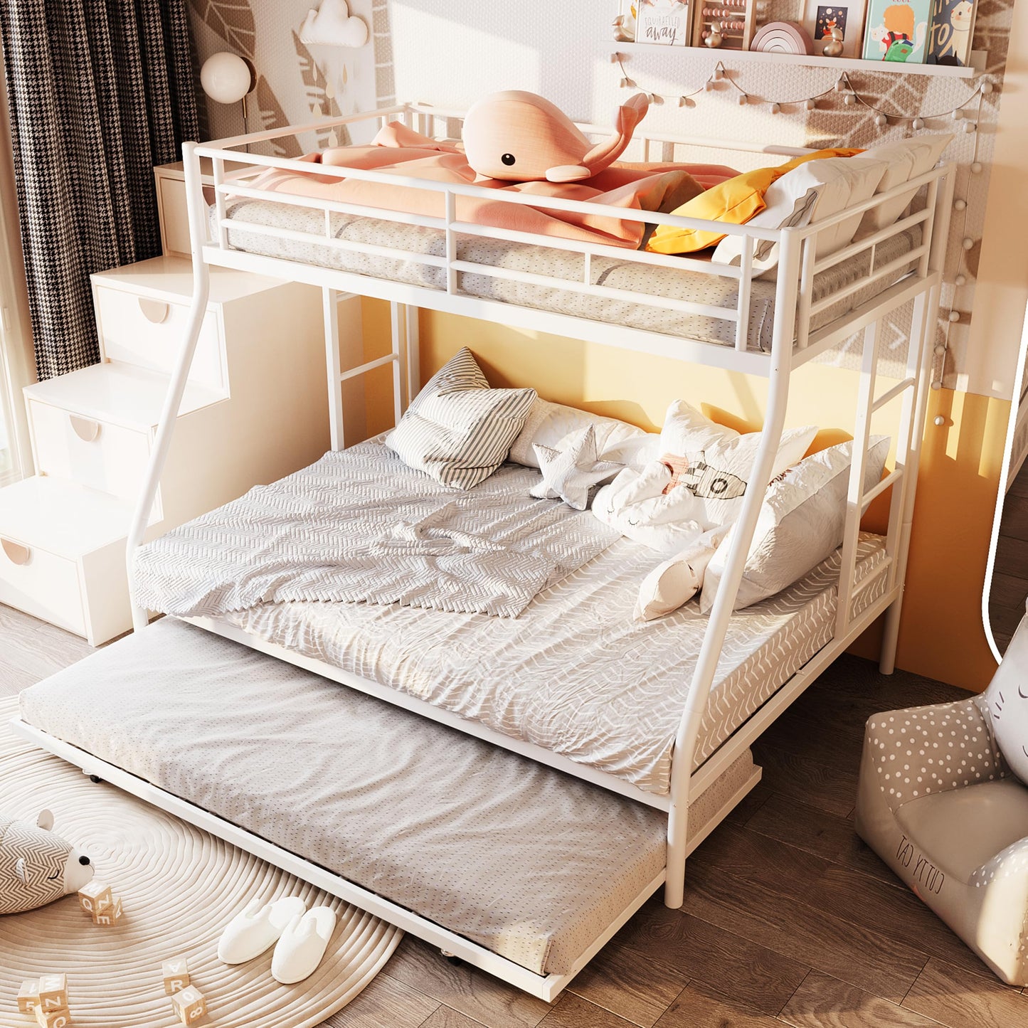 SUNLEI Metal Loft Bed with 2 Secured Ladders, Bunk Bed Twin Over Full with Trundle, Trundle Beds Twin Safety Guard, for Small Bedroom Noise Free (Twin Over Full, Metta Classic White)