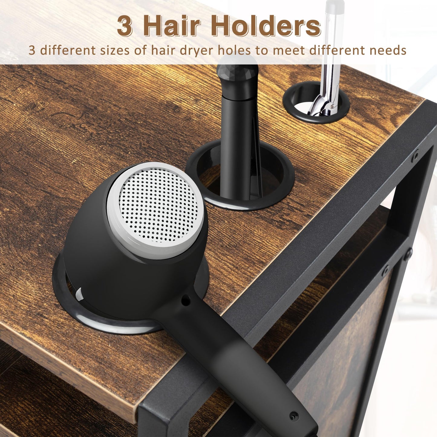 RESHABLE Industrial Wall Mount Salon Barber Station, Hair Styling Station with 3 Drawers, Storage Cabinet, Shelves, Hair Dryer Holes, Beauty Spa Equipment, Rustic Brown