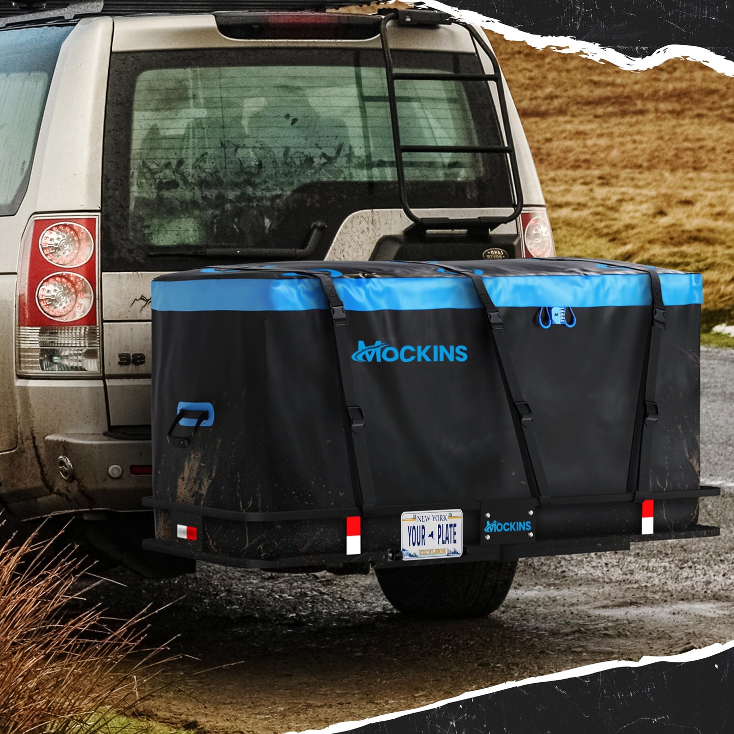 Mockins 60"x24"x6" Folding Trailer Hitch Cargo Carrier w/ 25 Cu Ft Waterproof Cargo Bag for Hitch Carrier | Heavy Duty 500 lbs Steel Luggage Rack for SUV, Car & Truck w/Plate Bracket & Accessories