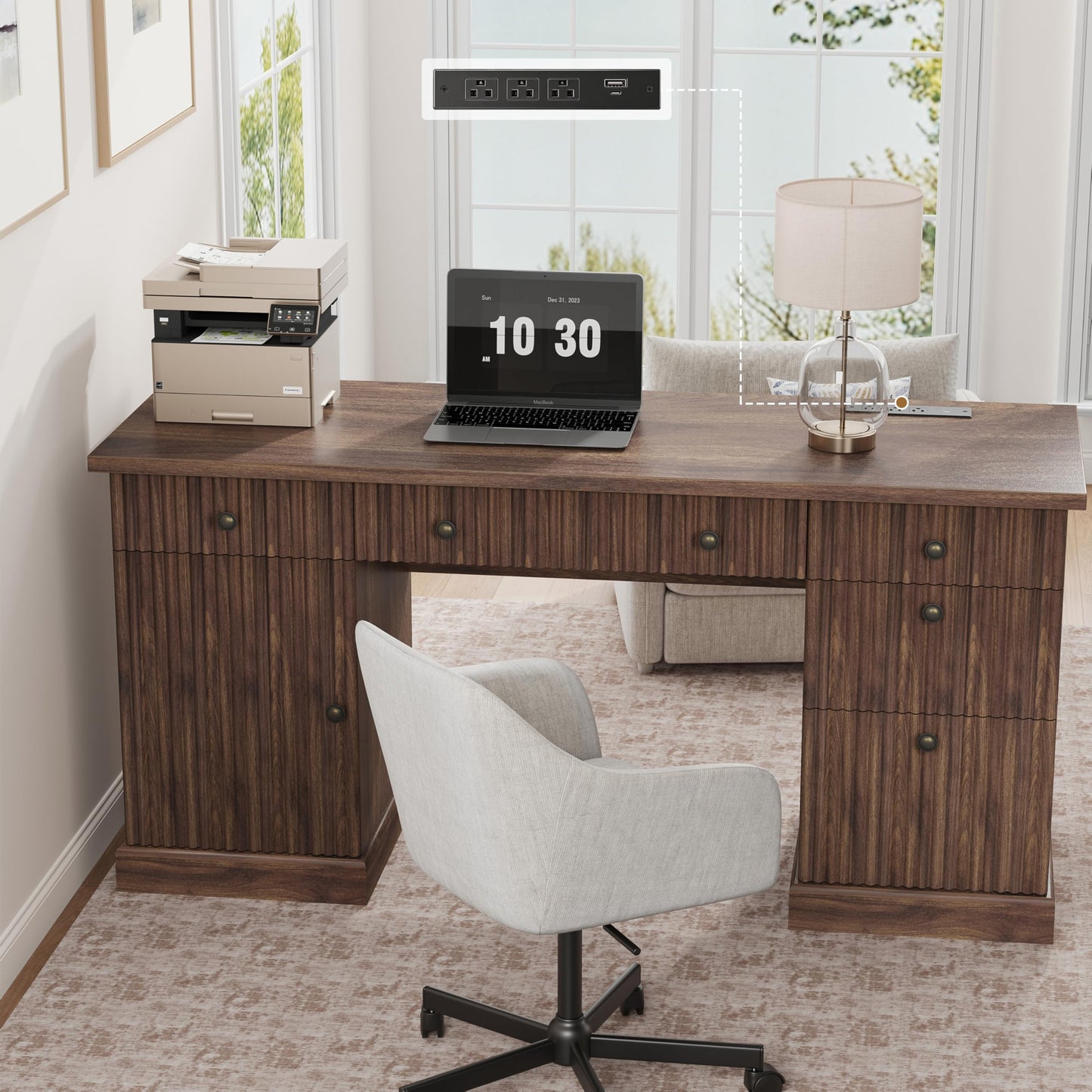 Garvee 60" Office Desk with Storage & Drawers. Fluted Wood Computer Desk with Power Outlet & Adjustable Shelves.Modern Executive Desk for Home Office/Bedroom/Gaming-Brown