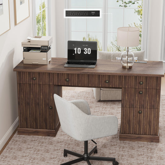 Garvee 60" Office Desk with Storage & Drawers. Fluted Wood Computer Desk with Power Outlet & Adjustable Shelves.Modern Executive Desk for Home Office/Bedroom/Gaming-Brown