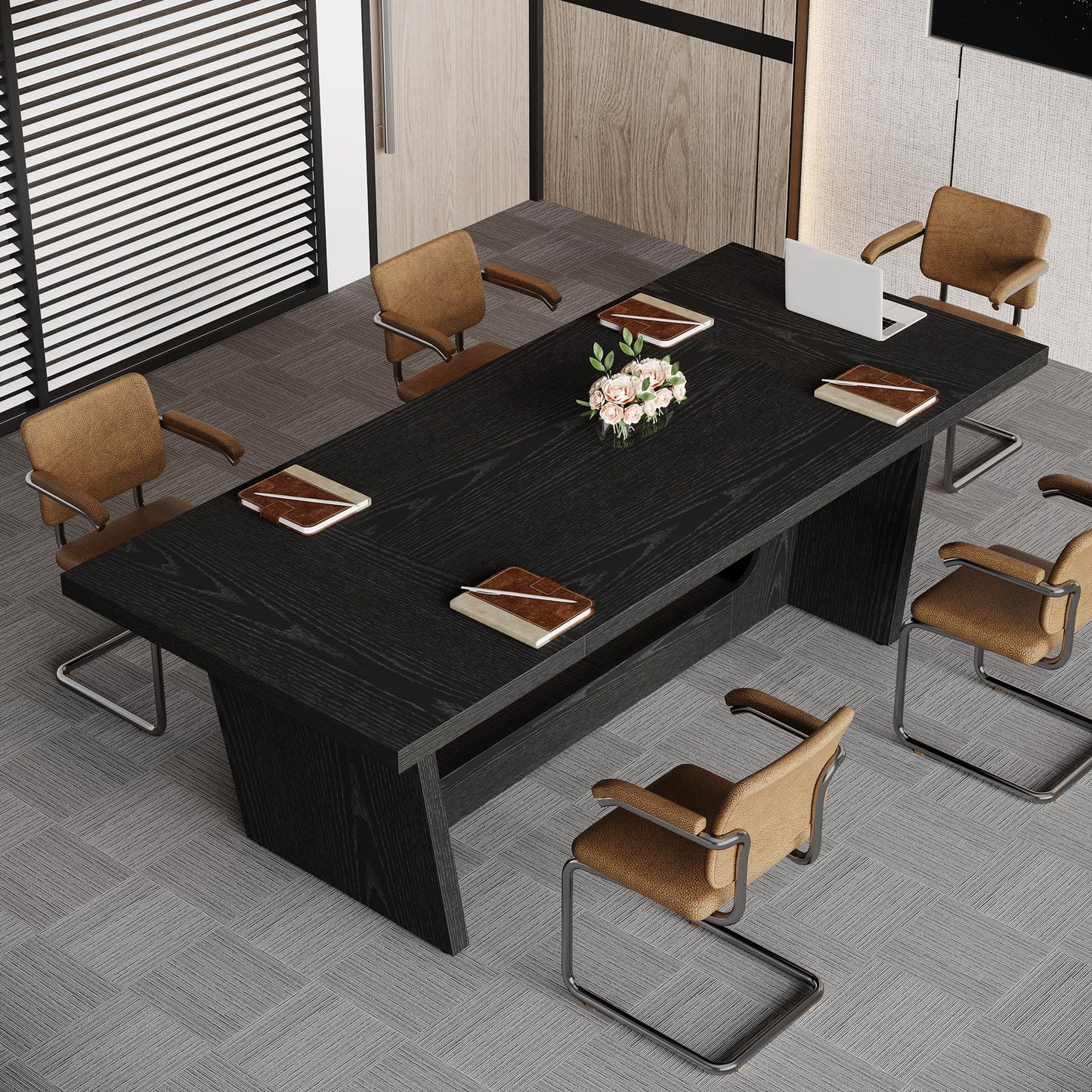 Tribesigns 6 FT Conference Table, 71" Rectangular Meeting Table for Office Conference Room, Large Executive Seminar Desk for 6-8, Wooden Business Boardroom Table with Heavy-Duty Pedestal Base, Black