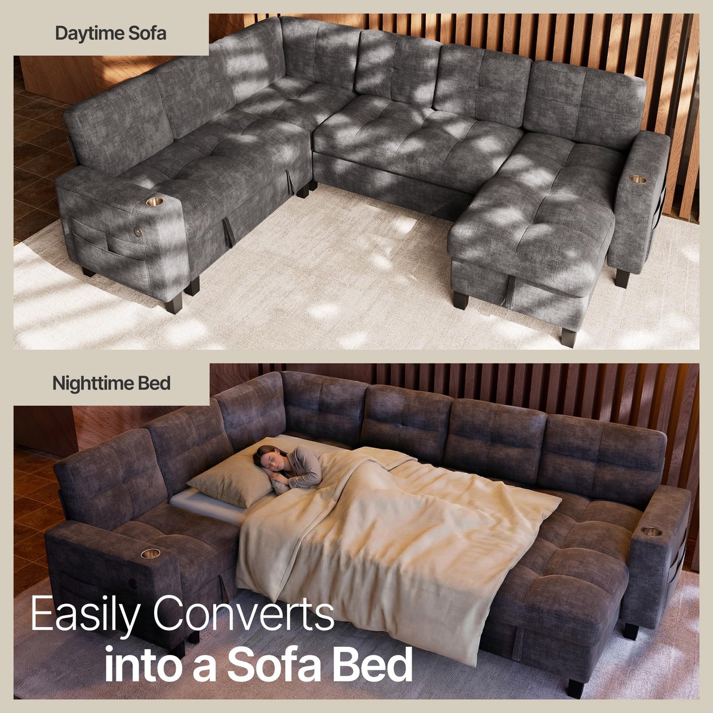 Marsail 110" Sectional Sleeper Sofa with Pull Out Bed, 7 Seat Modular Sectional Couch with Storage, USB & Cup Holders, Modern Chenille Cloud Sofa for Living Room, Light Gray