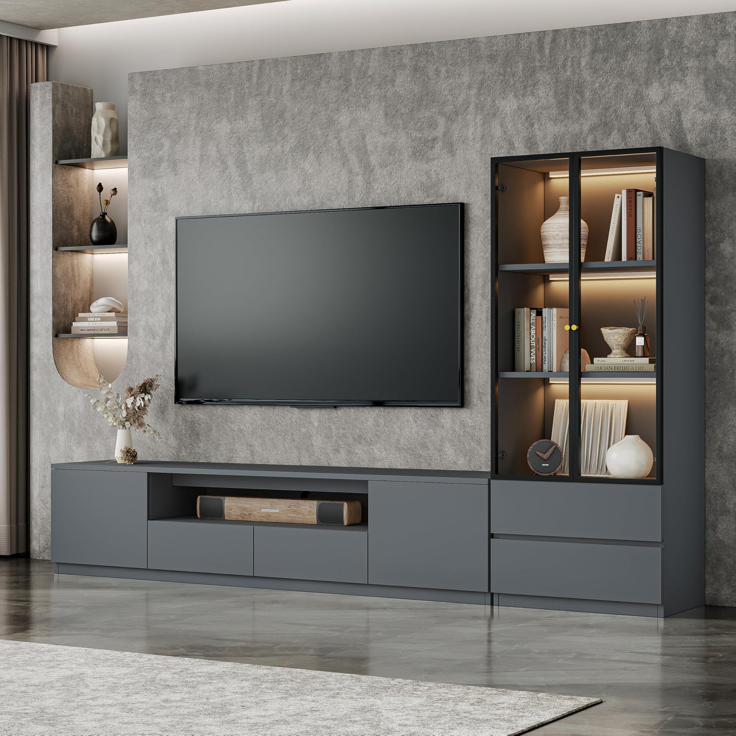 ATJafurn Modern Gray Entertainment Center with Bookshelf for 75 inch TV, Included TV Console and Glass Display Cabinet, 2-Piece Media Console with Drawers for Living Room (AB-102 Cabinets Set)