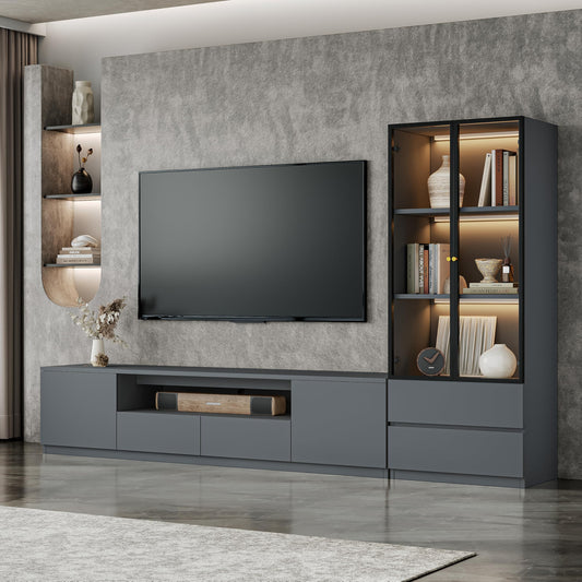 ATJafurn Modern Gray Entertainment Center with Bookshelf for 75 inch TV, Included TV Console and Glass Display Cabinet, 2-Piece Media Console with Drawers for Living Room (AB-102 Cabinets Set)