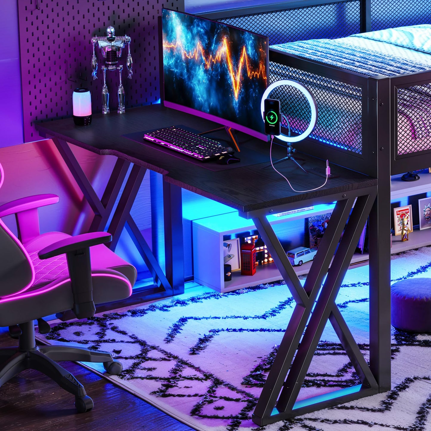 Bellemave Metal Full Low Loft Bed with Desk, LED Lights & Charging Station, Gaming Loft Bed Frame for Boys, Girls & Teens, Space-Saving Kids Full Loft Bed, Black