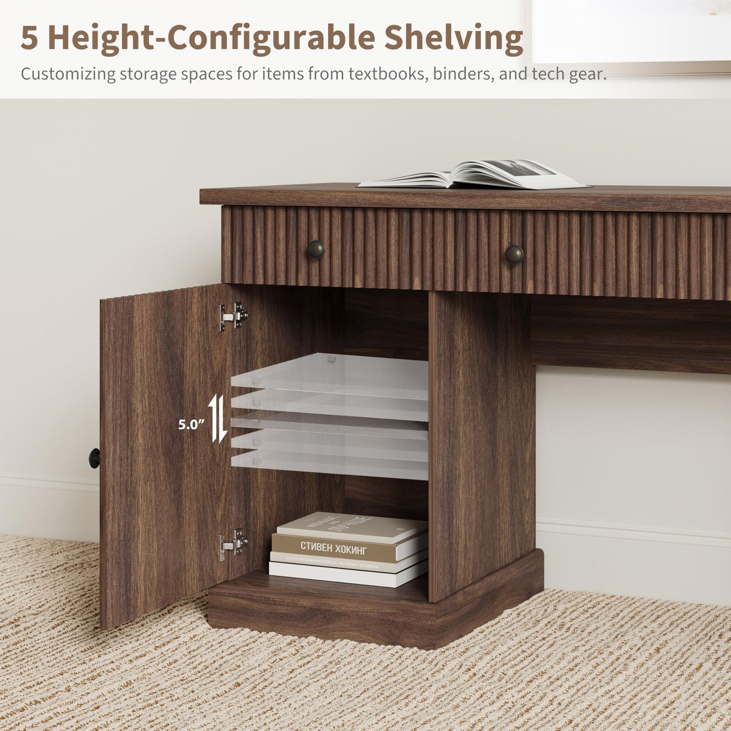 Garvee 60" Office Desk with Storage & Drawers. Fluted Wood Computer Desk with Power Outlet & Adjustable Shelves.Modern Executive Desk for Home Office/Bedroom/Gaming-Brown