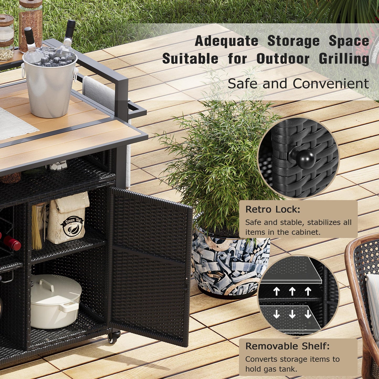 Merax 52.8"W Wicker Outdoor Grill Cart with Extended Plastic Wood Table Top, Rolling Kitchen Island on Wheels with Storage Cabinet for Patio Backyard Garden Poolside, Double Handle Design, Black Brown