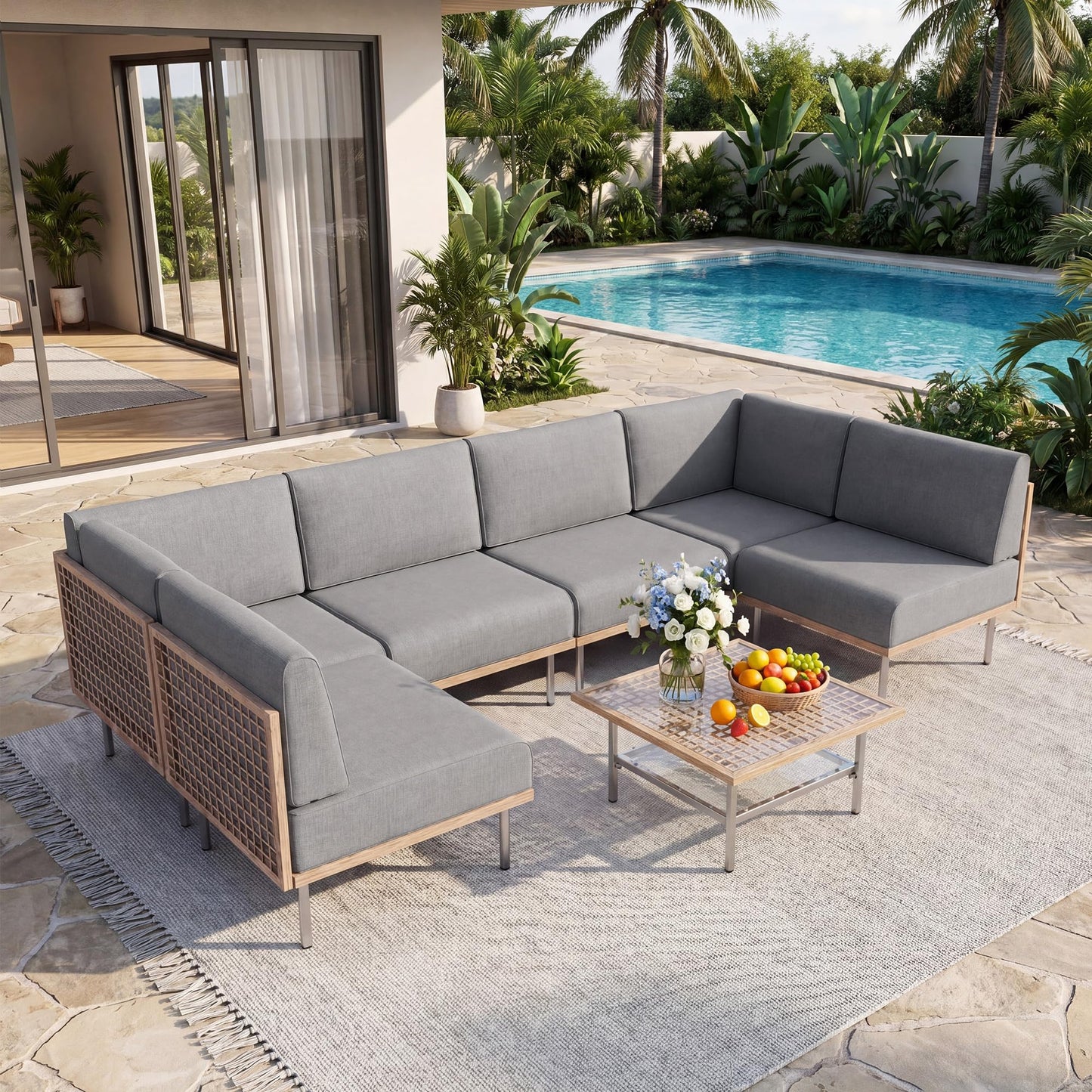EO Living 7-Piece Modular Outdoor Patio Furniture Set, PE Rattan Sectional Conversation Sofa with Tempered Glass Table and Machine-Washable Cushions (Grey)