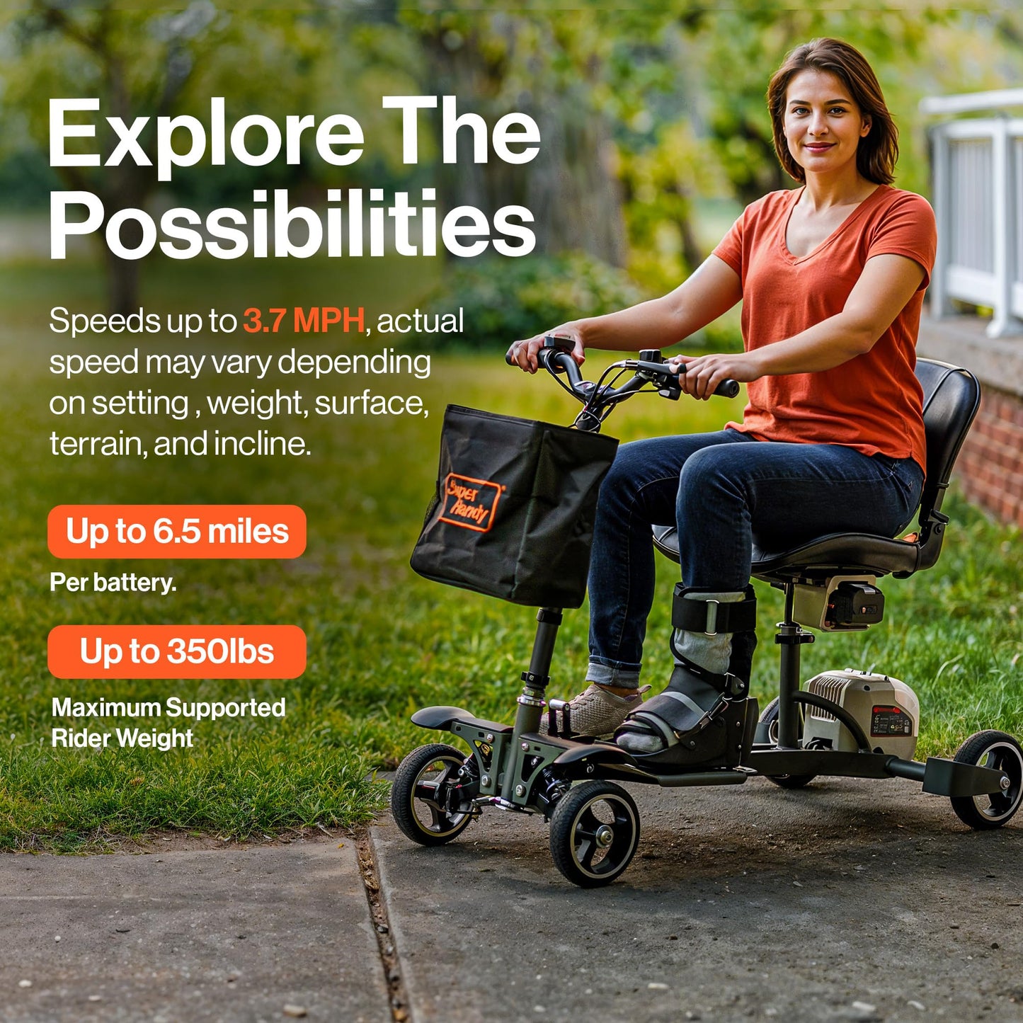SuperHandy Passport Pro Mobility Scooter - Foldable Aluminum Frame, 4 Wheels, Includes 2 48V 2Ah Li-Ion Batteries & Charger, Supports up to 330 Lbs [Patent Pending] (Dark Green & Sand, 330 Lbs)
