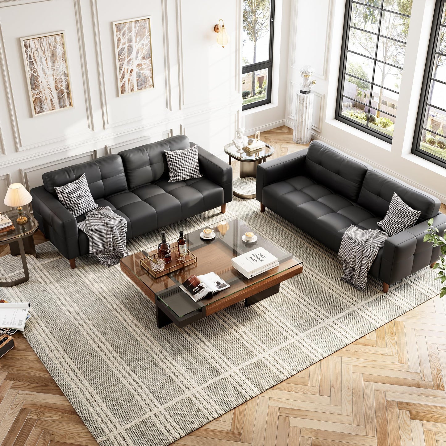 IDEALHOUSE 83” Black Faux Leather Couch, 3 Seater Sofa Couches with 2 Removable Back Cushions for Living Room, Large Mid Century Modern Office Apartment Couch (Black)