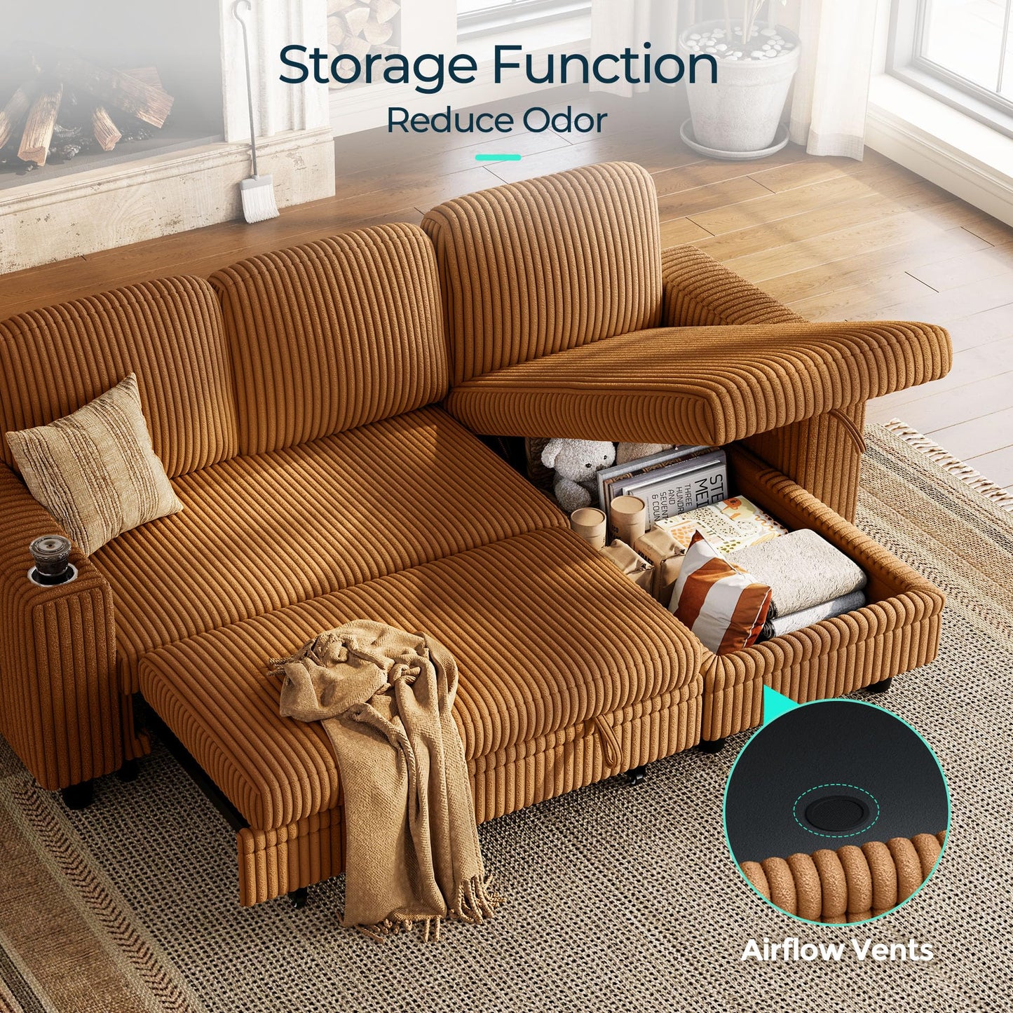 LINSY HOME Sectional Sleeper Sofa with Storage Chaise & USB Charging, Convertible Pull Out Couch Bed Plush Corduroy Modular Sectional Couches for Living Room Apartment (Brown)