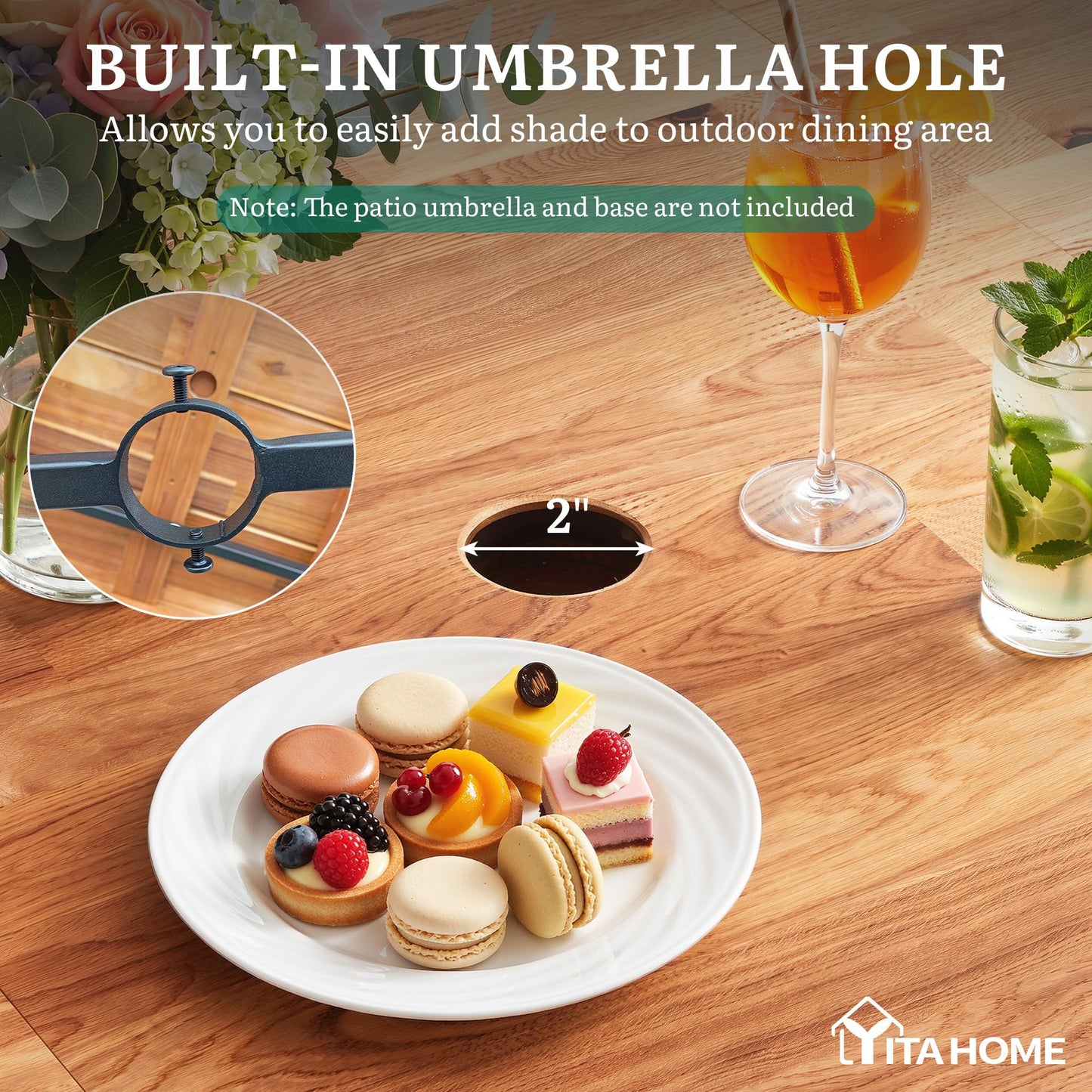 YITAHOME Outdoor Rectangle Dining Table 68.9", Heavy Duty Patio Acacia Wood Dining Table with Umbrella Hole, Solid Wood Rectangle Dining Room Table, 500 LBS