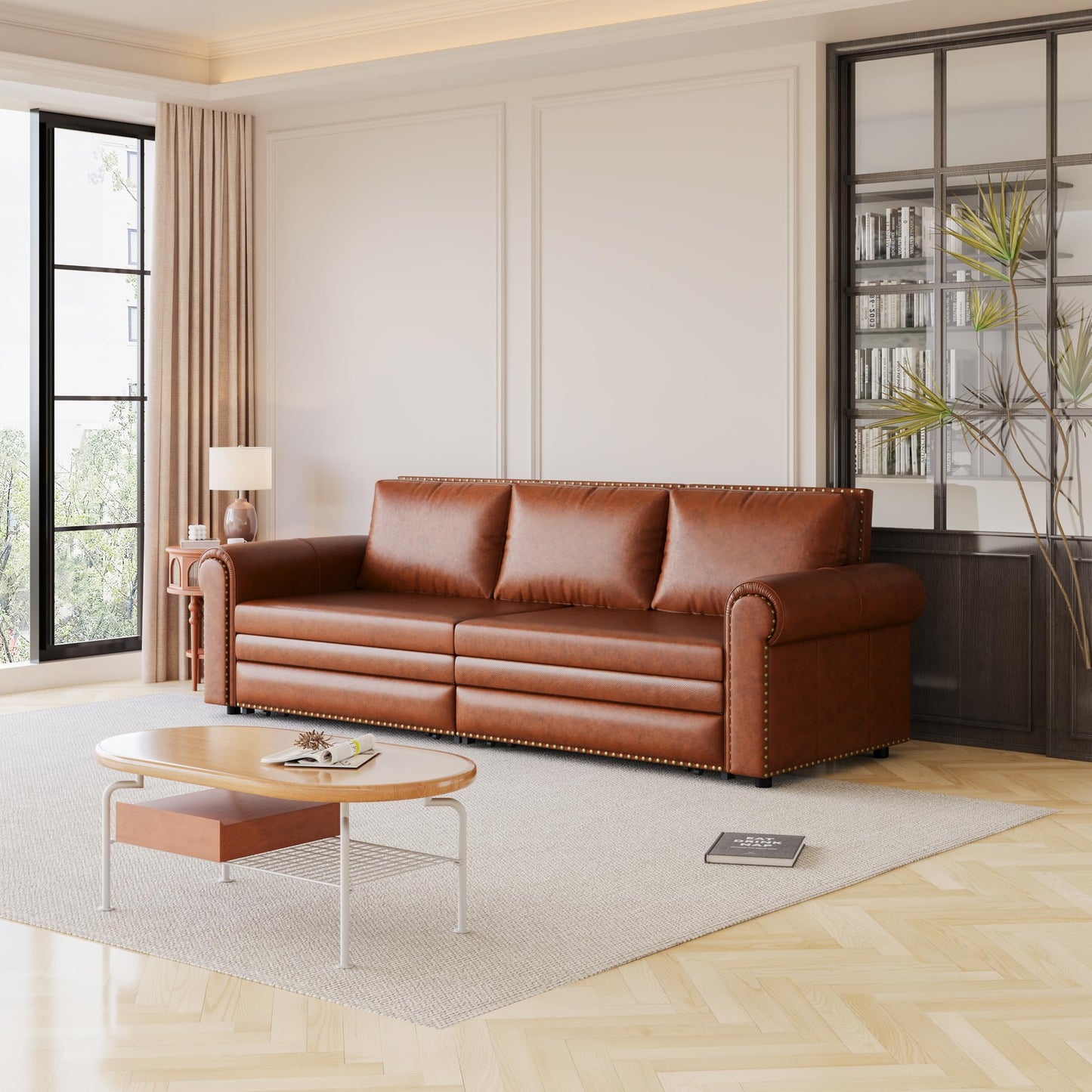 Ball & Cast 3-in-1 Convertible Sofa Bed,93.7" Faux Leather King Pull Out Couch Bed, Loveseat Sleeper Sofa with Nailhead Trim & Rolled Arm,Multi-Functional Sofa Couches for Living Room,Brown