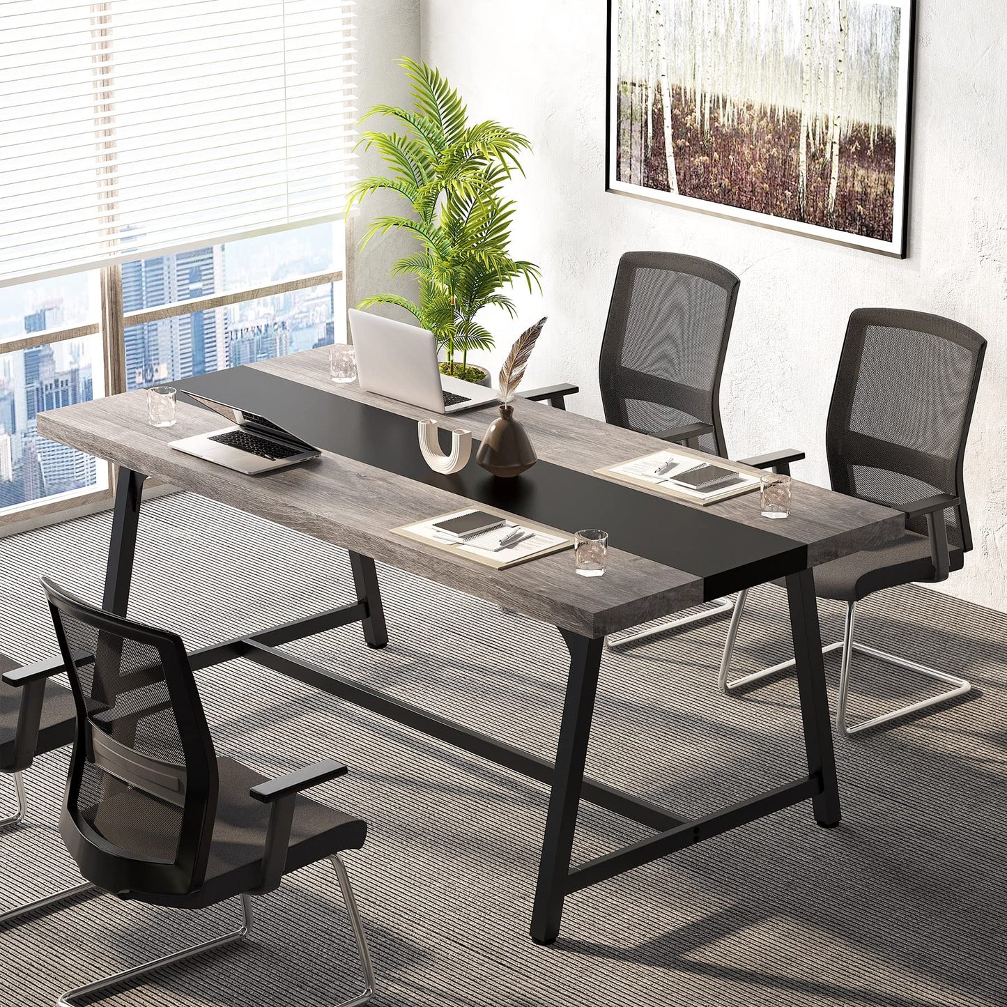 Tribesigns 6FT Rectangle Conference Table, 70.87L x 33.46W x 29.92H Inches Meeting Table for Conference Room, Vintage Wood Office Executive Desk with Strong Metal Frame for 6 People (Grey)