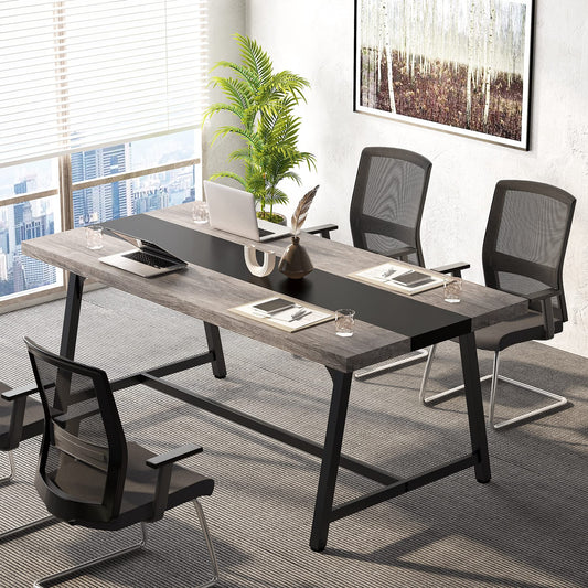 Tribesigns 6FT Rectangle Conference Table, 70.87L x 33.46W x 29.92H Inches Meeting Table for Conference Room, Vintage Wood Office Executive Desk with Strong Metal Frame for 6 People (Grey)
