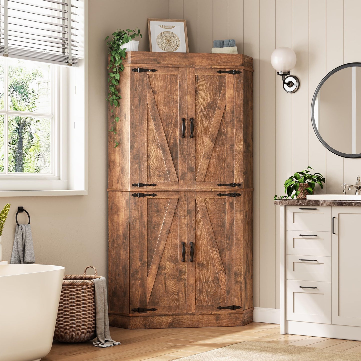 Corner Cabinet,71'' Kitchen Pantry Storage Cabinet with 4 Doors and Shelves, Tall Food Pantry Storage Cabinet Farmhouse Furniture for Kitchen Dining Room, Brown
