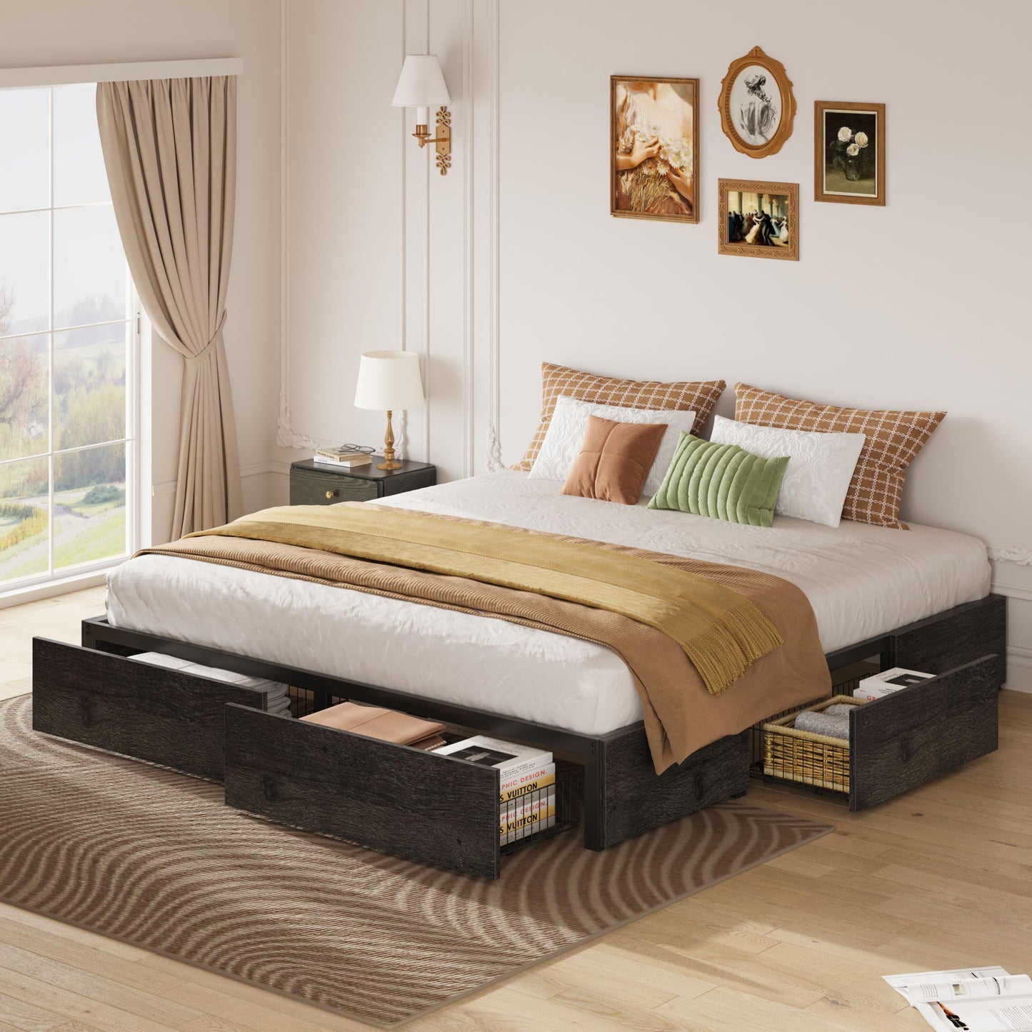 LIKIMIO King Bed Frame with Storage, 4 Drawers and Heavy Strong Metal Support Frames, Solid Stable, Noise-Free, No Box Spring Needed, Easy Assembly, Charcoal Grey
