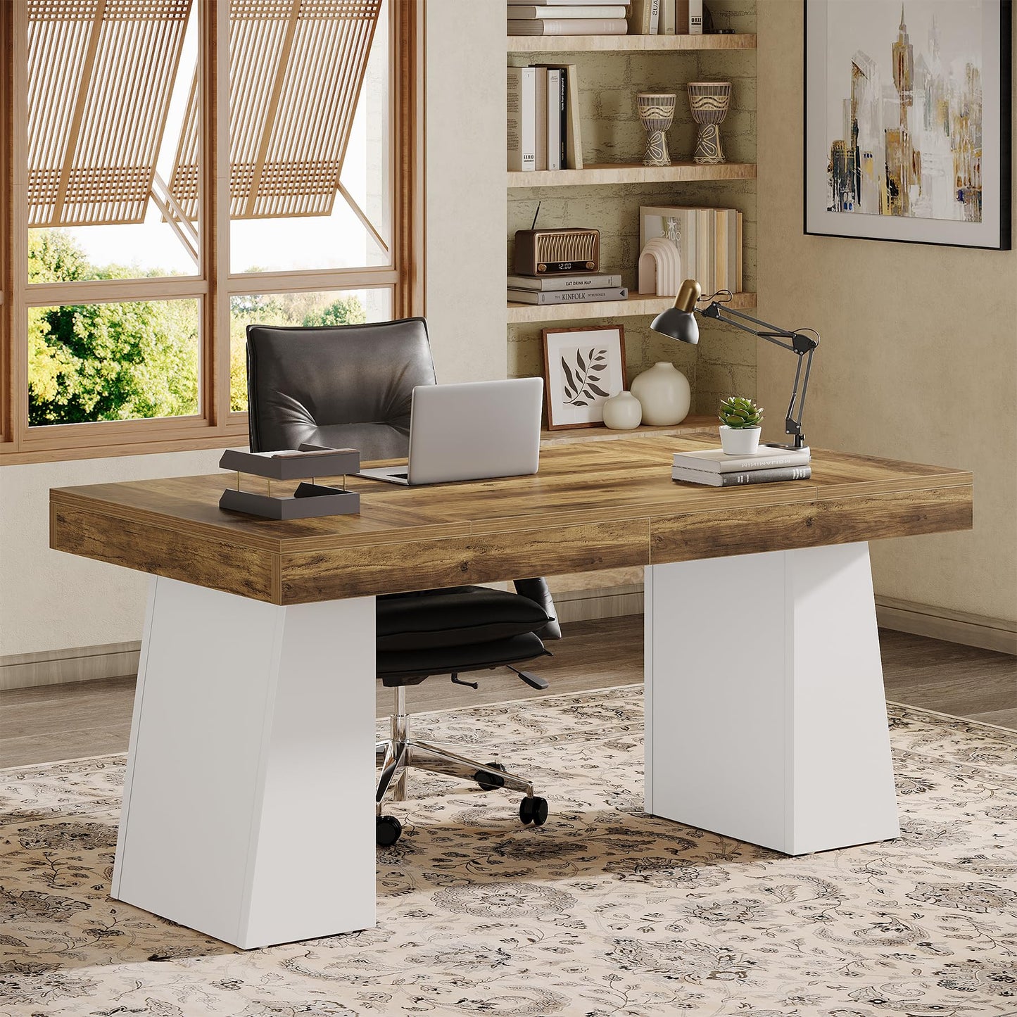 Tribesigns 55" Executive Desk, Wooden Office Desk with Double Pedestal, Modern Simple Computer Writing Table for Home Office, Brown & White